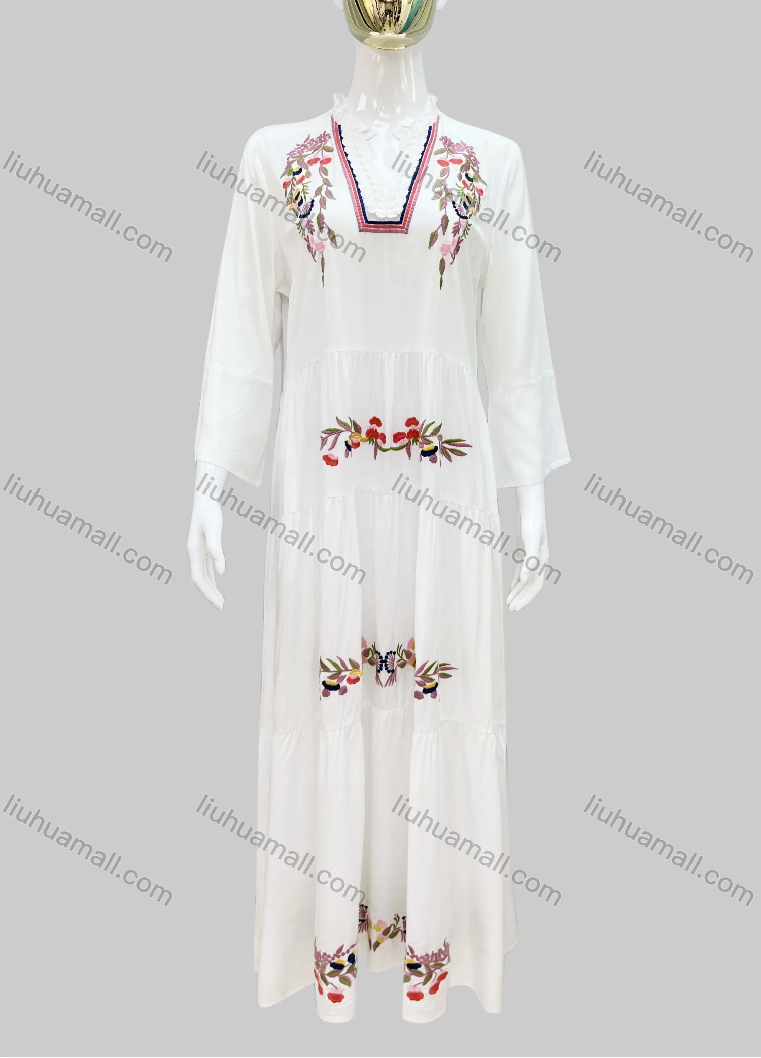 Wholesale Women's Casual Notched Neck Floral Applique Ruffle Hem 3/4 Sleeve Maxi Dress A8# - Liuhuamall