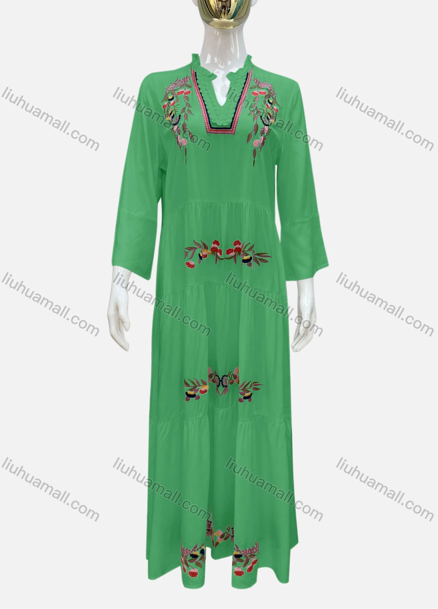 Wholesale Women's Casual Notched Neck Floral Applique Ruffle Hem 3/4 Sleeve Maxi Dress A8# - Liuhuamall