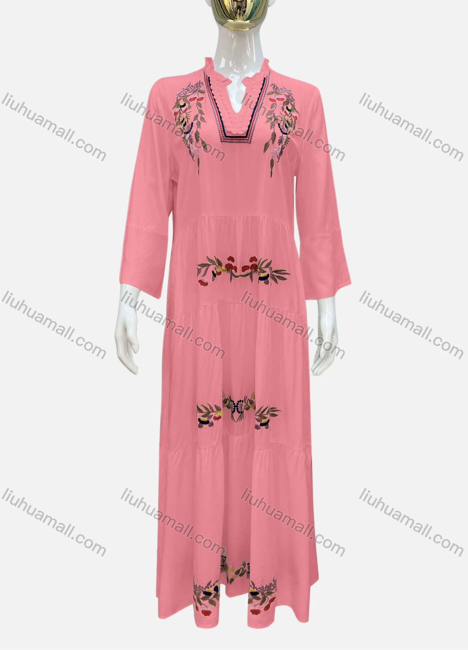 Wholesale Women's Casual Notched Neck Floral Applique Ruffle Hem 3/4 Sleeve Maxi Dress A8# - Liuhuamall
