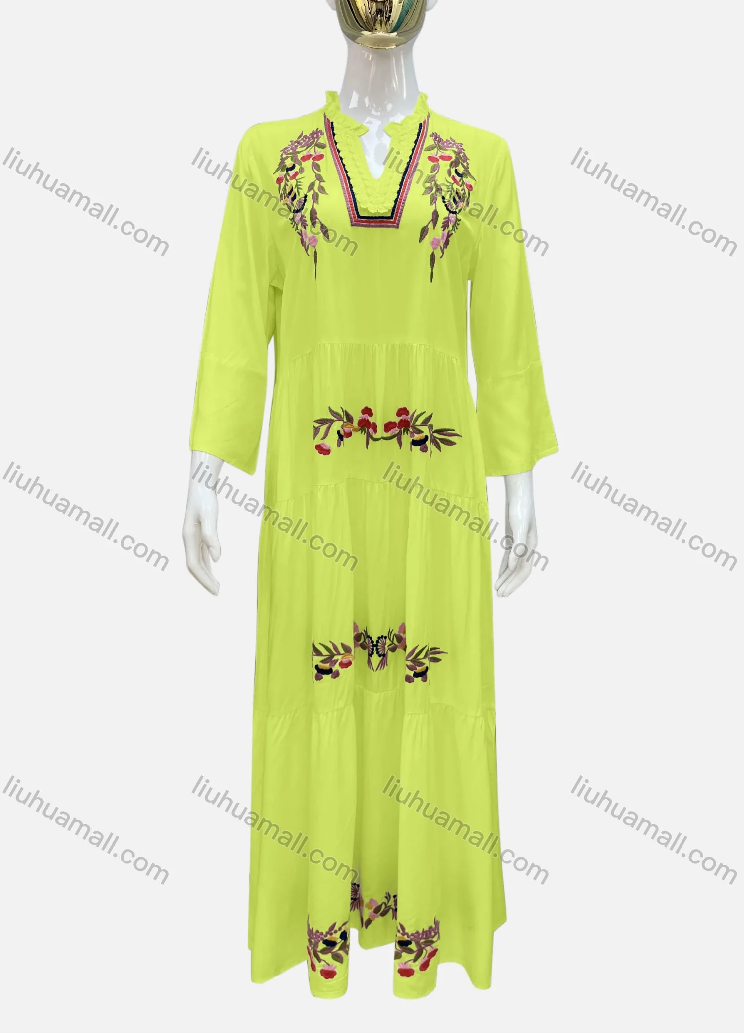Wholesale Women's Casual Notched Neck Floral Applique Ruffle Hem 3/4 Sleeve Maxi Dress A8# - Liuhuamall