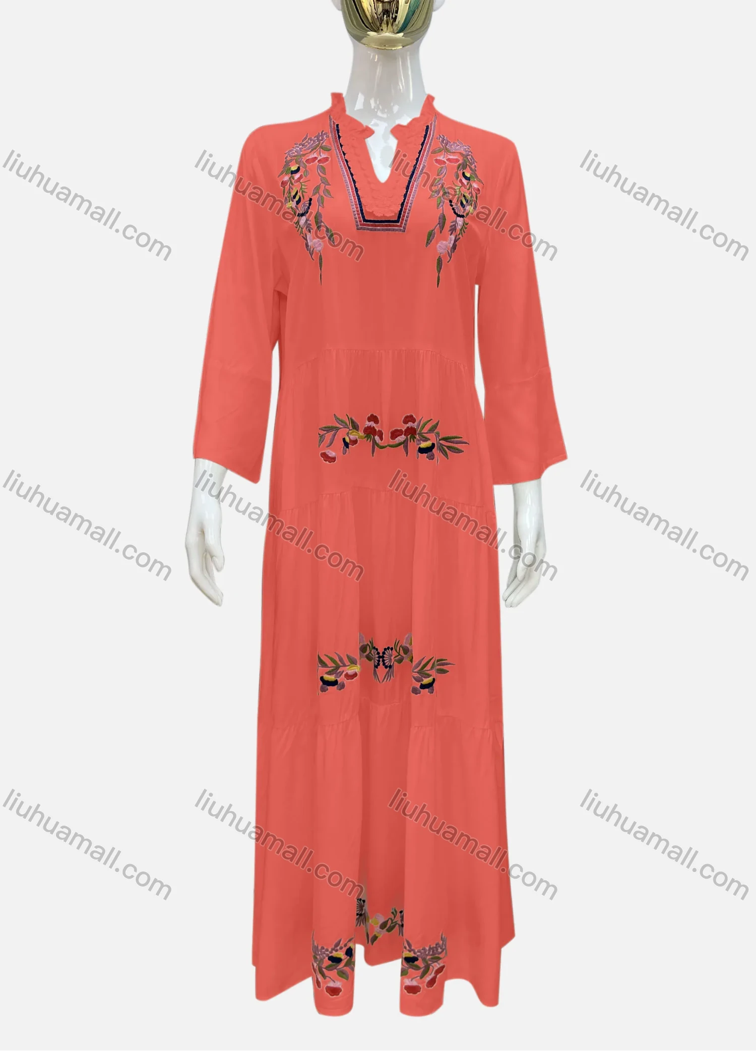 Wholesale Women's Casual Notched Neck Floral Applique Ruffle Hem 3/4 Sleeve Maxi Dress A8# - Liuhuamall