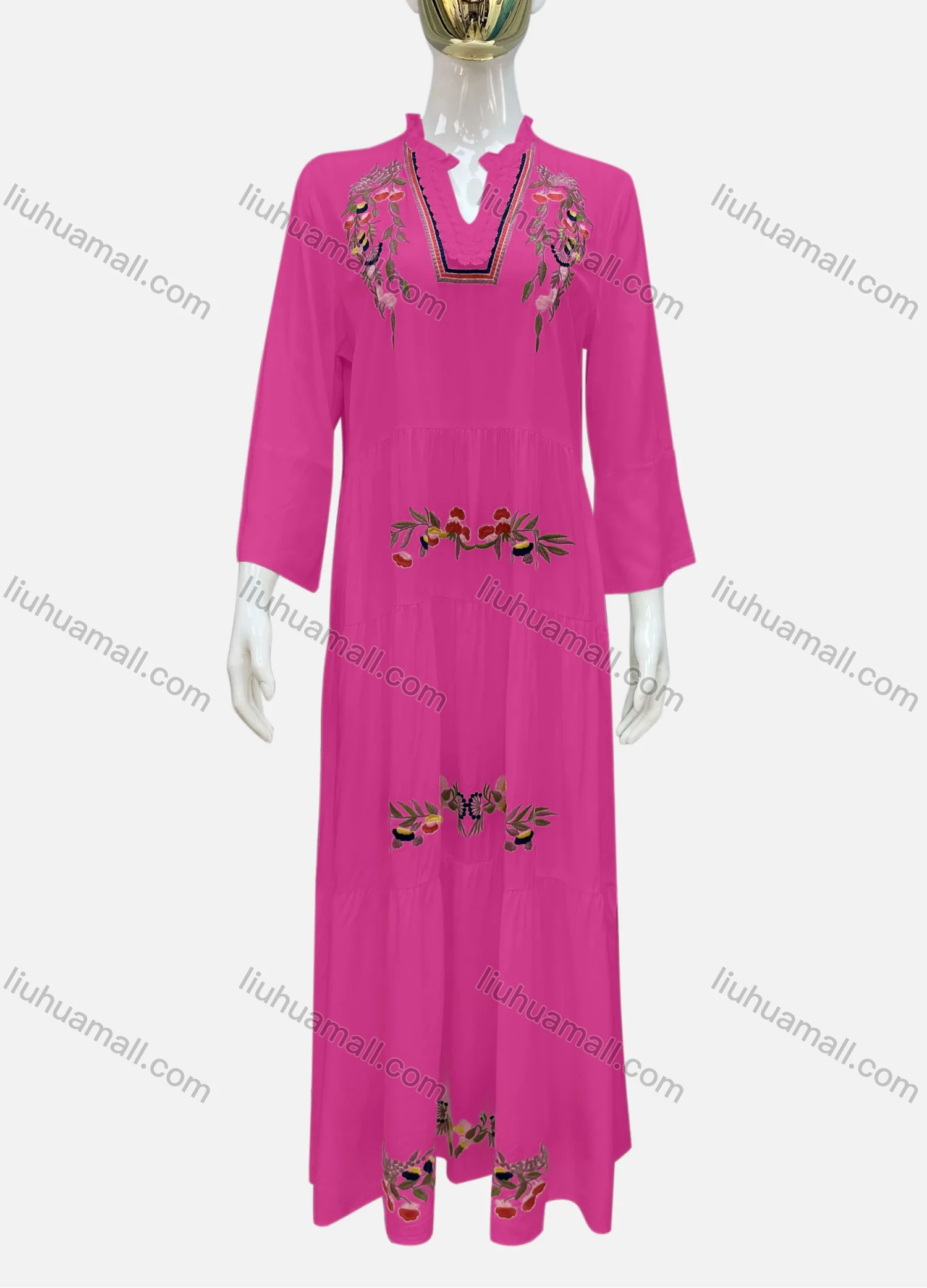 Wholesale Women's Casual Notched Neck Floral Applique Ruffle Hem 3/4 Sleeve Maxi Dress A8# - Liuhuamall