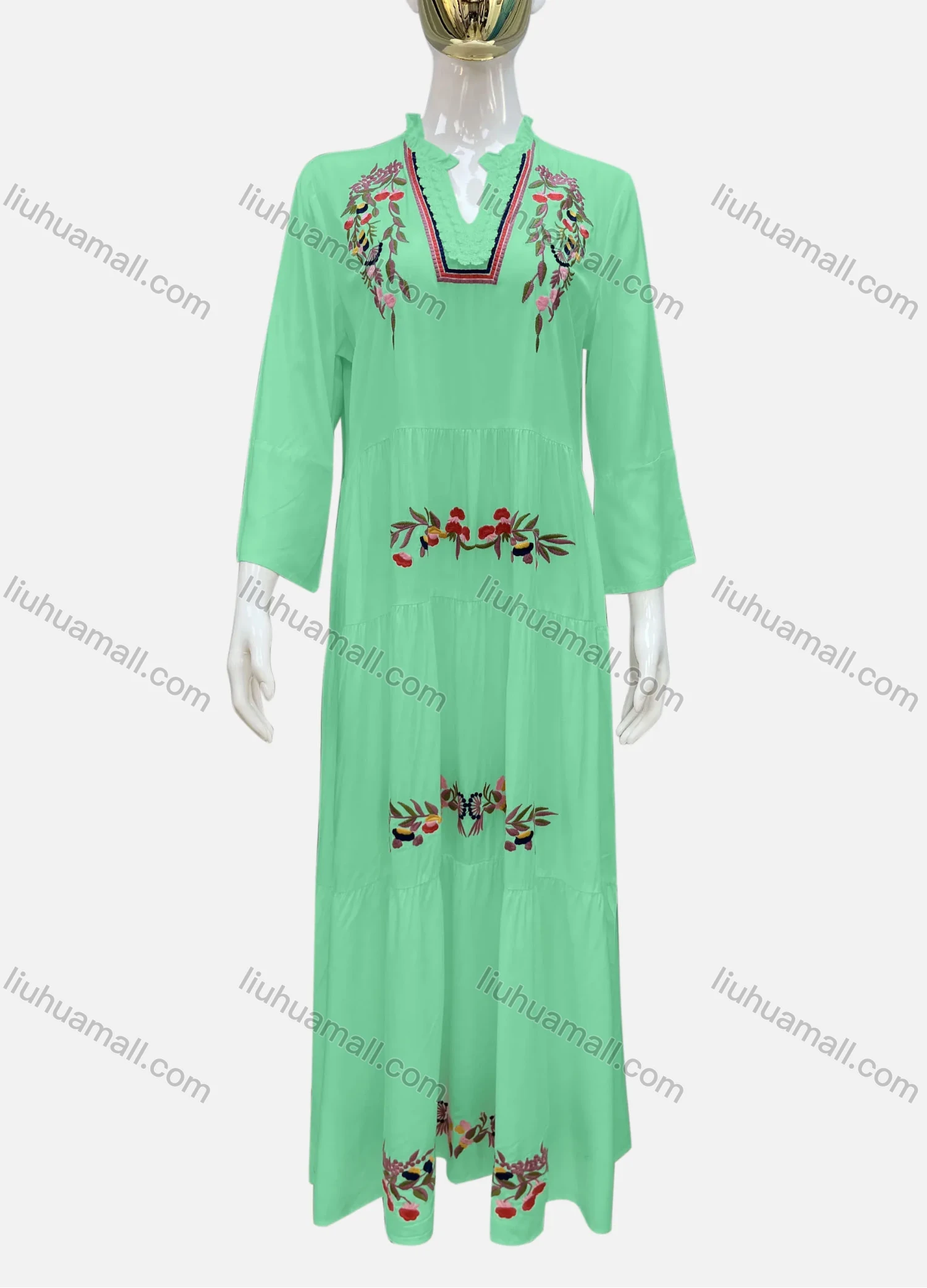 Wholesale Women's Casual Notched Neck Floral Applique Ruffle Hem 3/4 Sleeve Maxi Dress A8# - Liuhuamall