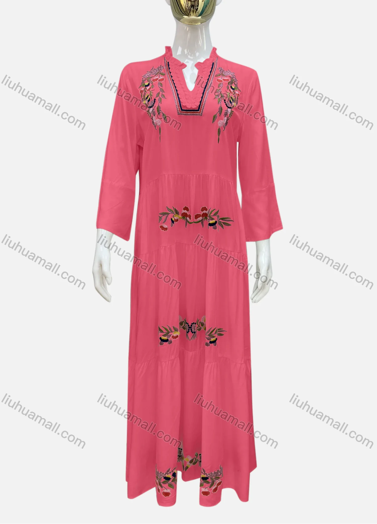 Wholesale Women's Casual Notched Neck Floral Applique Ruffle Hem 3/4 Sleeve Maxi Dress A8# - Liuhuamall