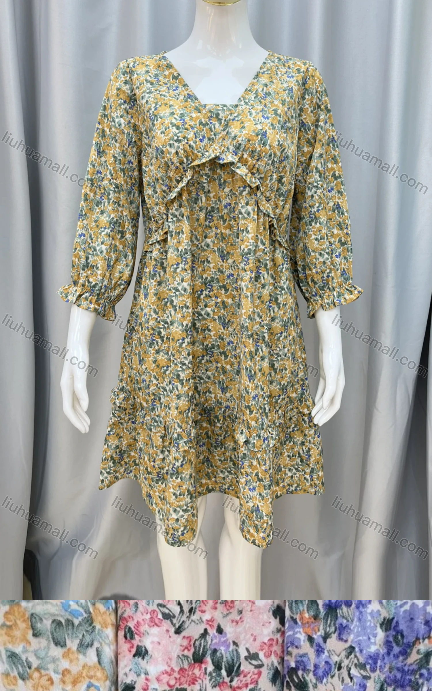 Wholesale Women's Casual 3/4 Sleeve Ruffle Trim Floral Print Dress - Liuhuamall