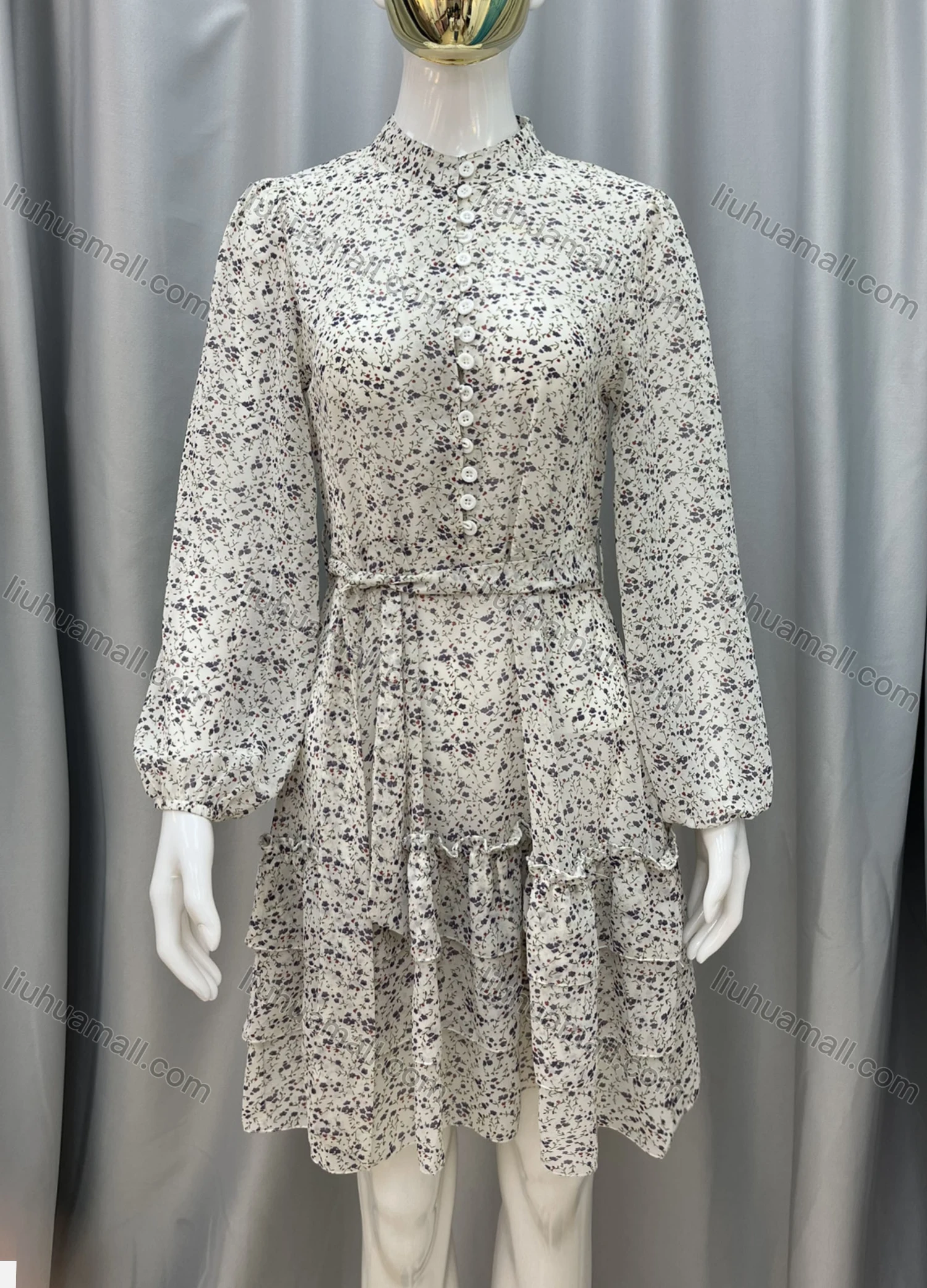 Wholesale Women's Chiffon Mock Neck Long Sleeve Allover Floral Print Button Front Casual Short Dress With Belt - Liuhuamall