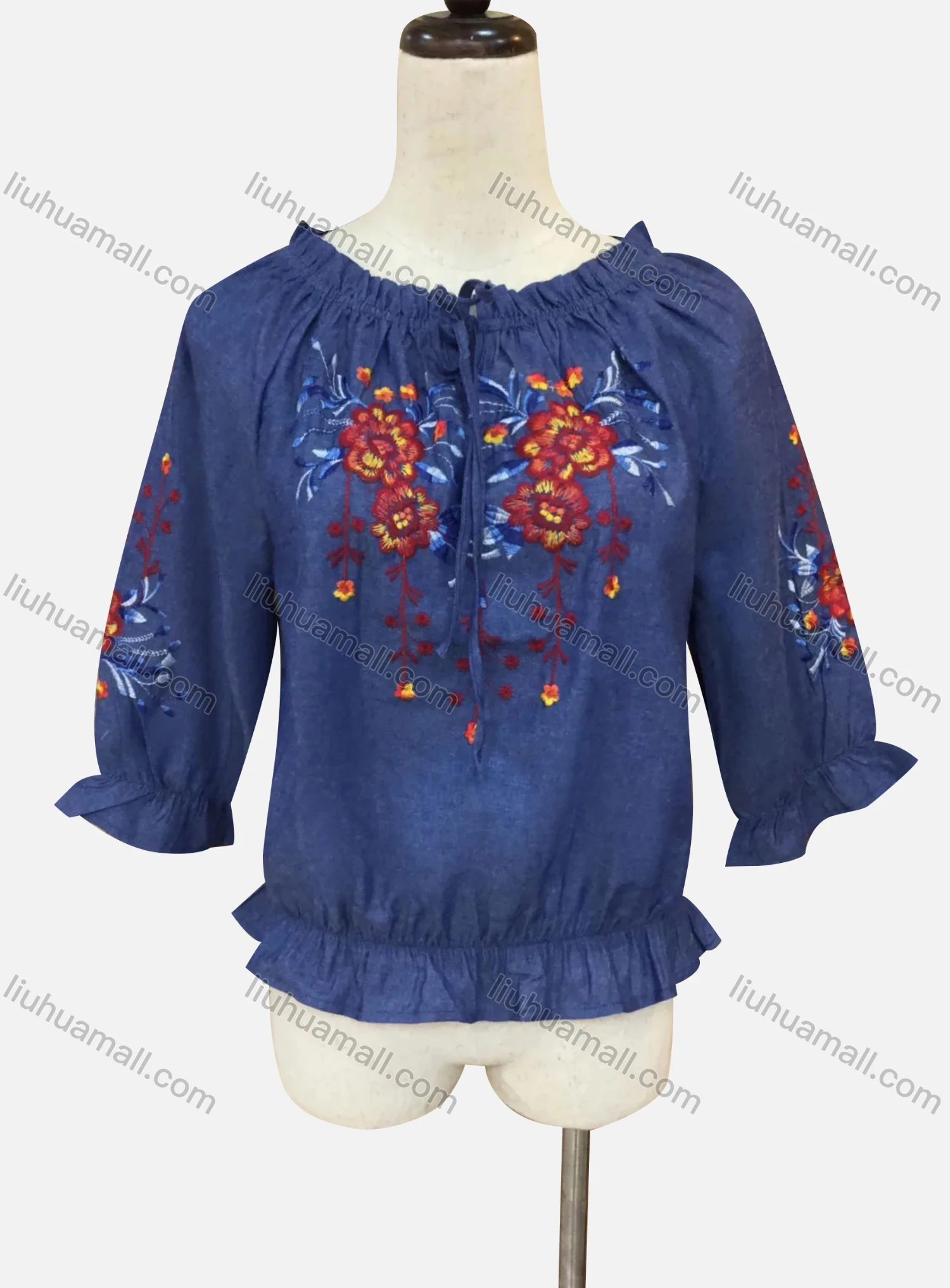 Wholesale Women's Casual Ruffle Trim 3/4 Sleeve Embroidered Denim Blouse - Liuhuamall