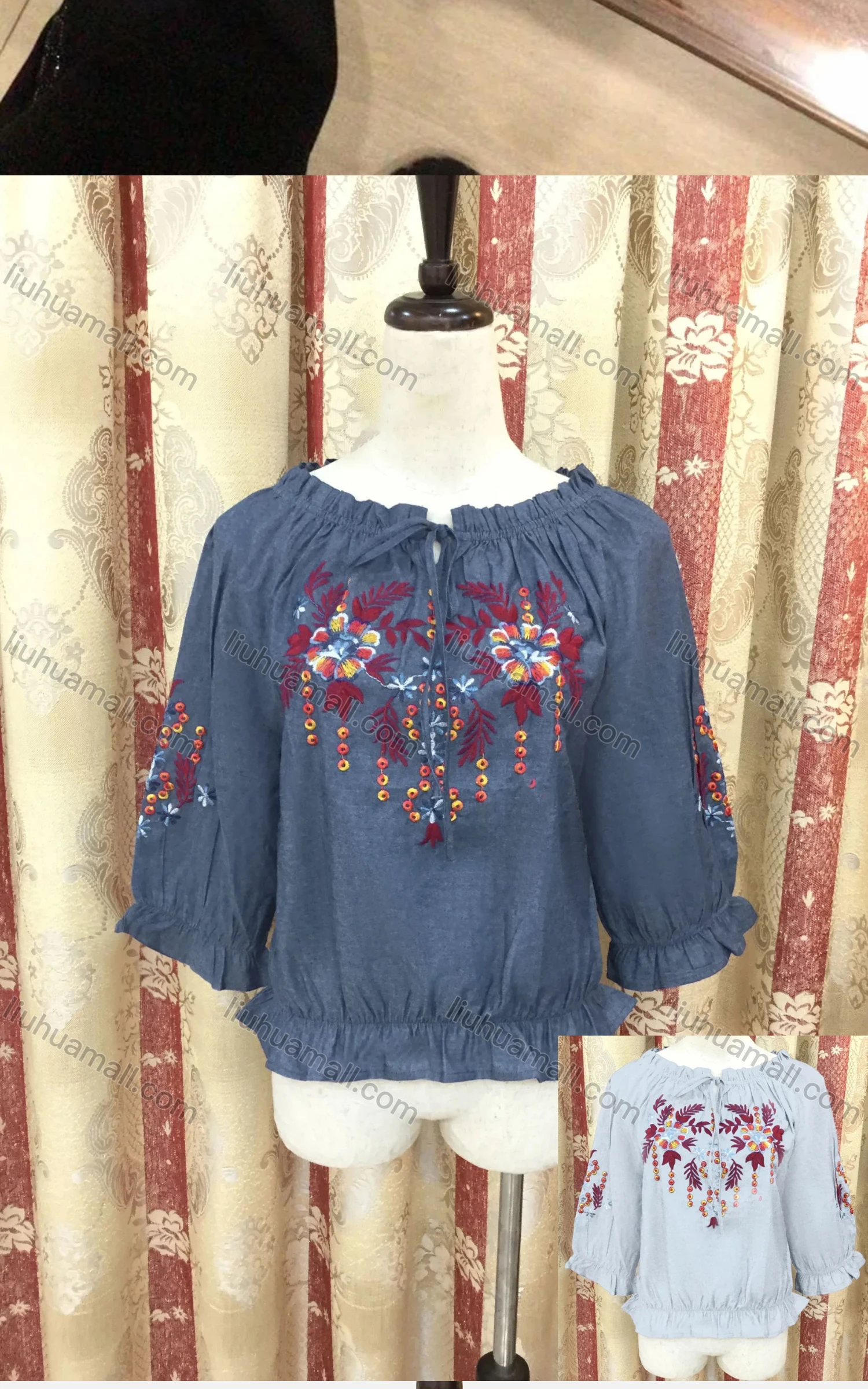 Wholesale Women's Casual 3/4 Sleeve Ruffle Neck Embroidered Denim Blouse - Liuhuamall