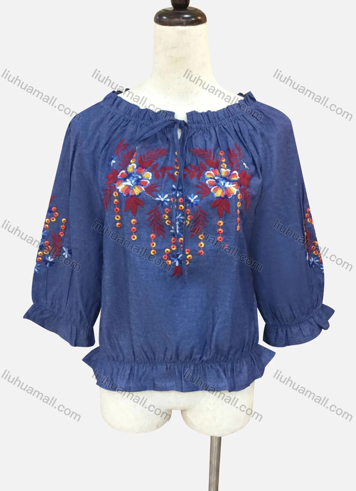 Wholesale Women's Casual 3/4 Sleeve Ruffle Neck Embroidered Denim Blouse - Liuhuamall
