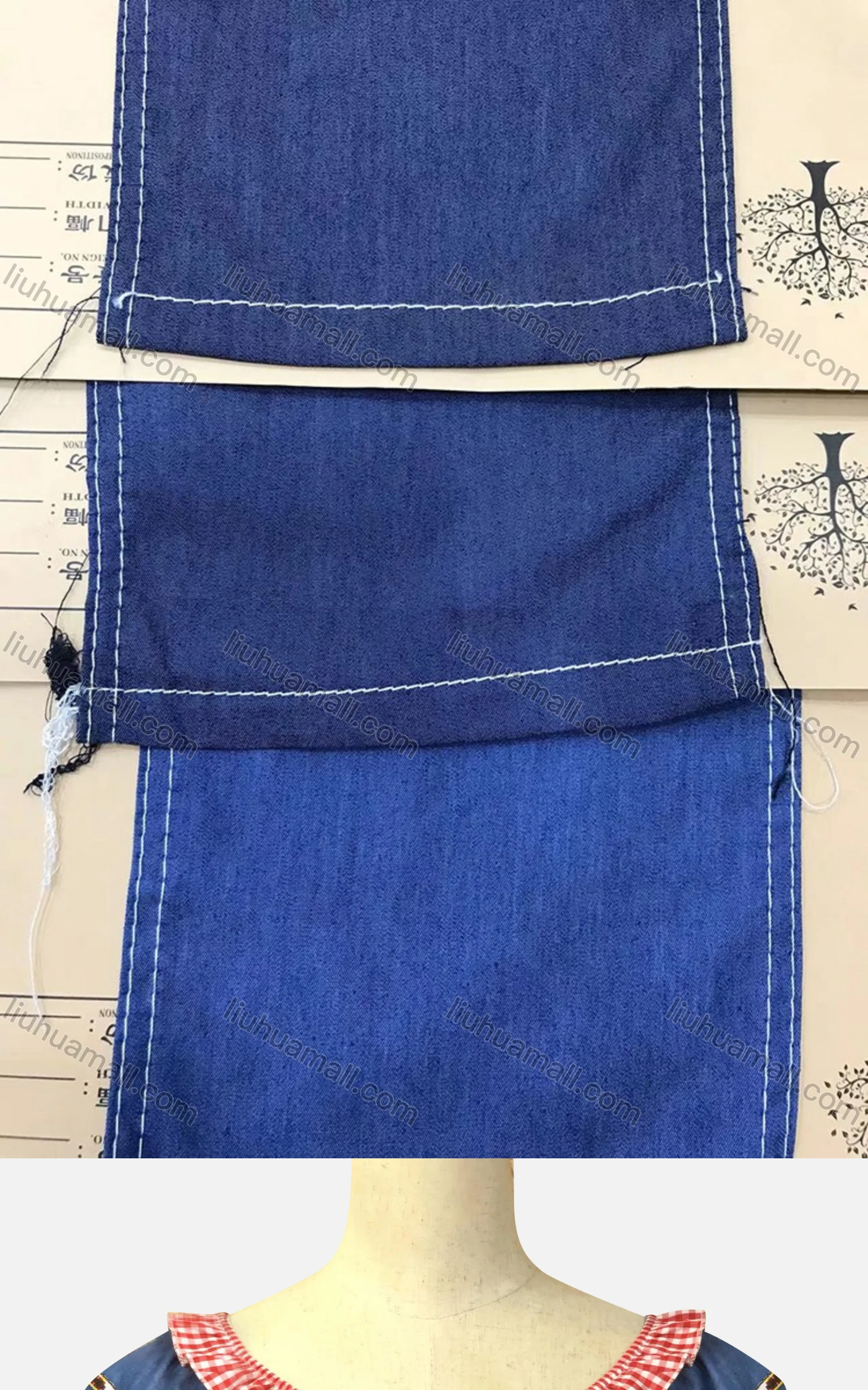 Wholesale Women's Casual Bateau Neck Embroidered Tassel Decro Gingham Splicing Denim Blouse - Liuhuamall