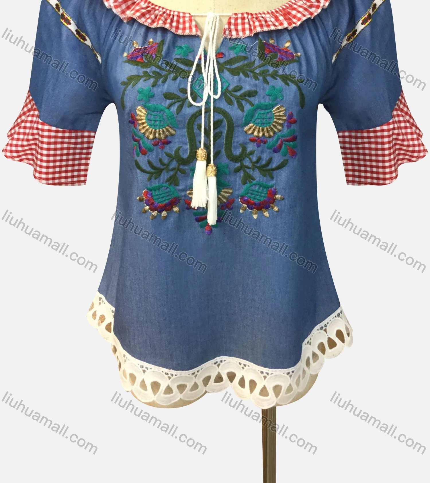 Wholesale Women's Casual Bateau Neck Embroidered Tassel Decro Gingham Splicing Denim Blouse - Liuhuamall