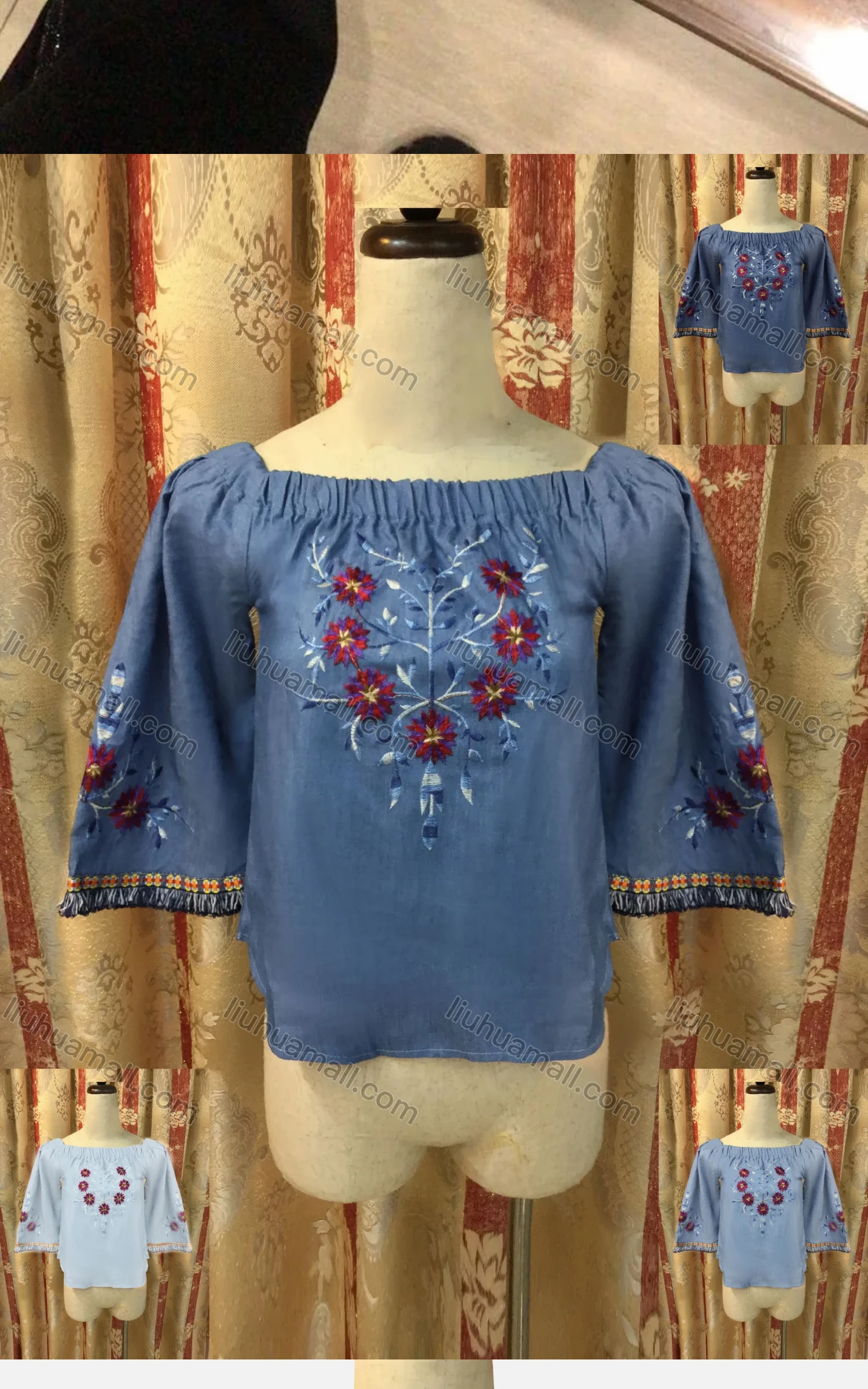 Wholesale Women's Casual Bateau Neck Embroidered Fringe Trim Denim Top - Liuhuamall