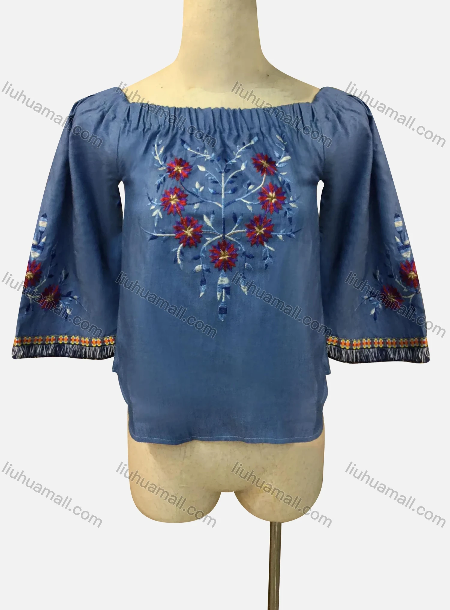 Wholesale Women's Casual Bateau Neck Embroidered Fringe Trim Denim Top - Liuhuamall