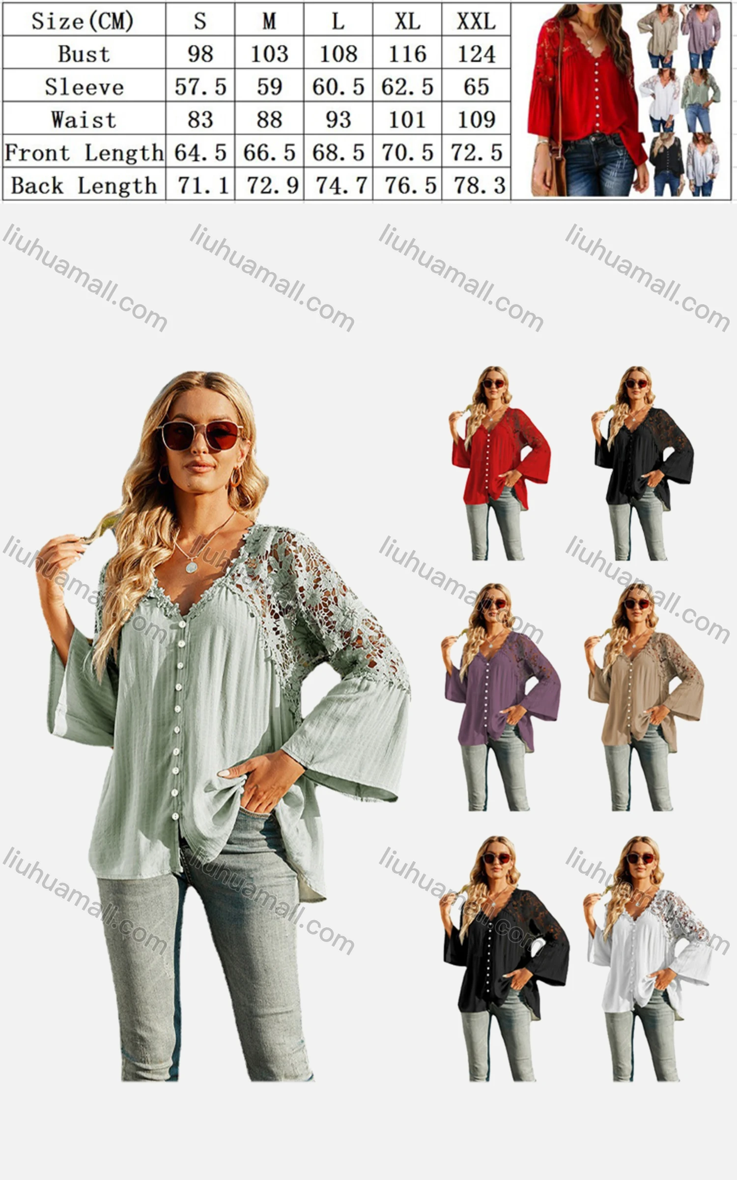 Wholesale Woman's Casual V Neck Bell Long Sleeve Floral Hollow Out Button Down Plain Top - Liuhuamall