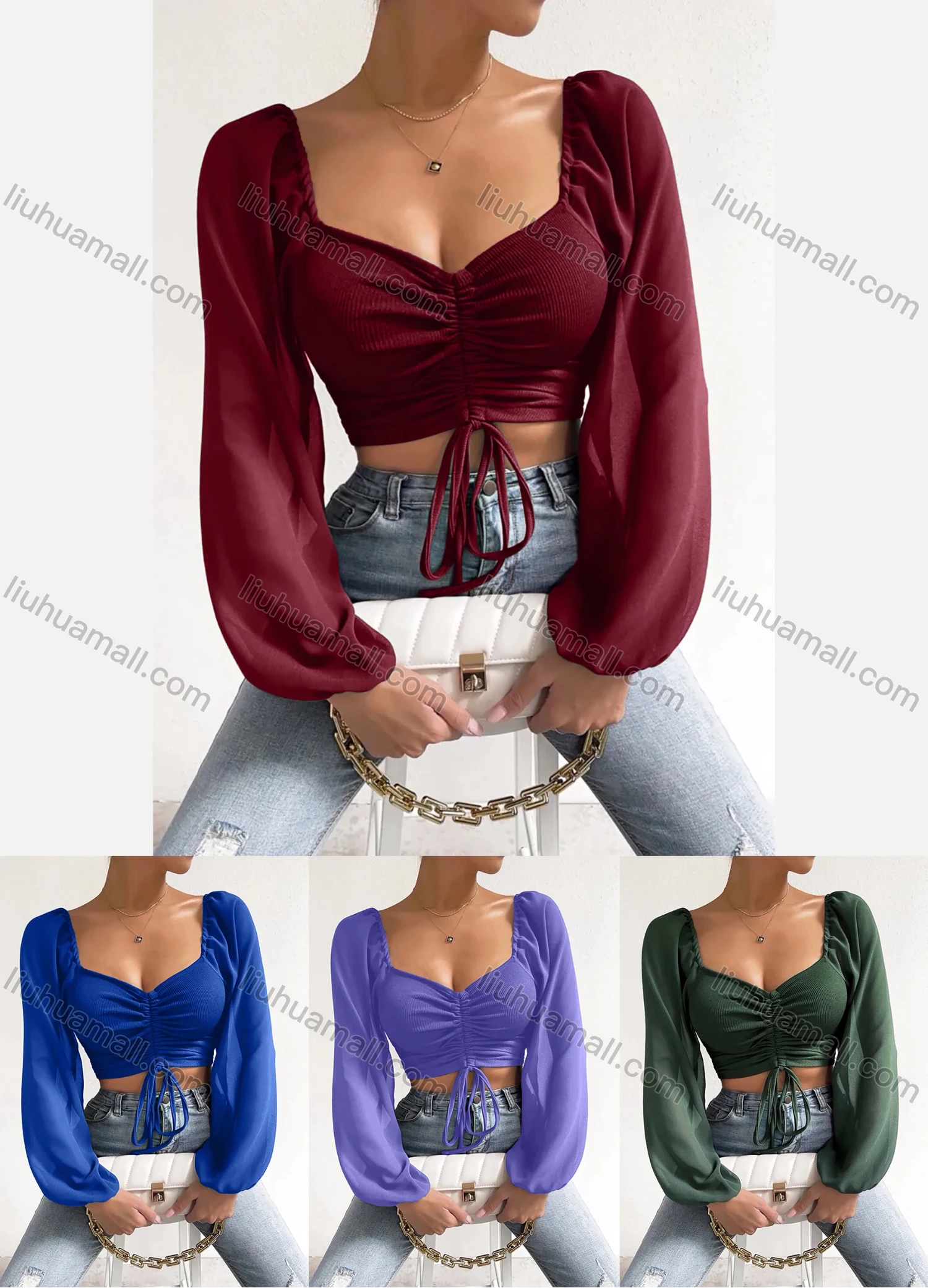 Wholesale Woman's Fashion Square Neck Peasant Sleeve Drawstring Plain Crop Top - Liuhuamall