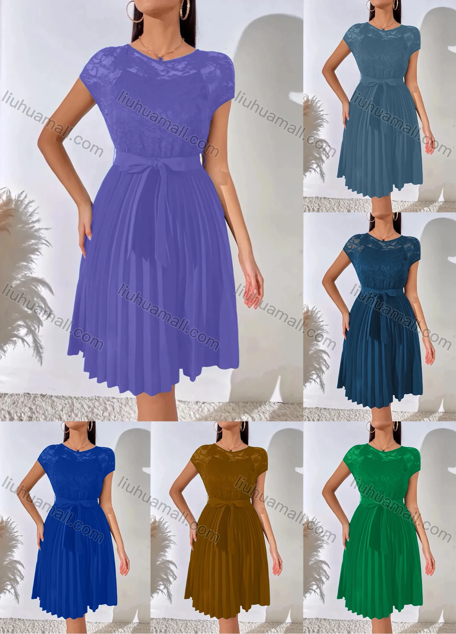 Wholesale Woman's Casual Short Sleeve Round Neck Bowknot Guipure Lace Pleated Swing Dress - Liuhuamall