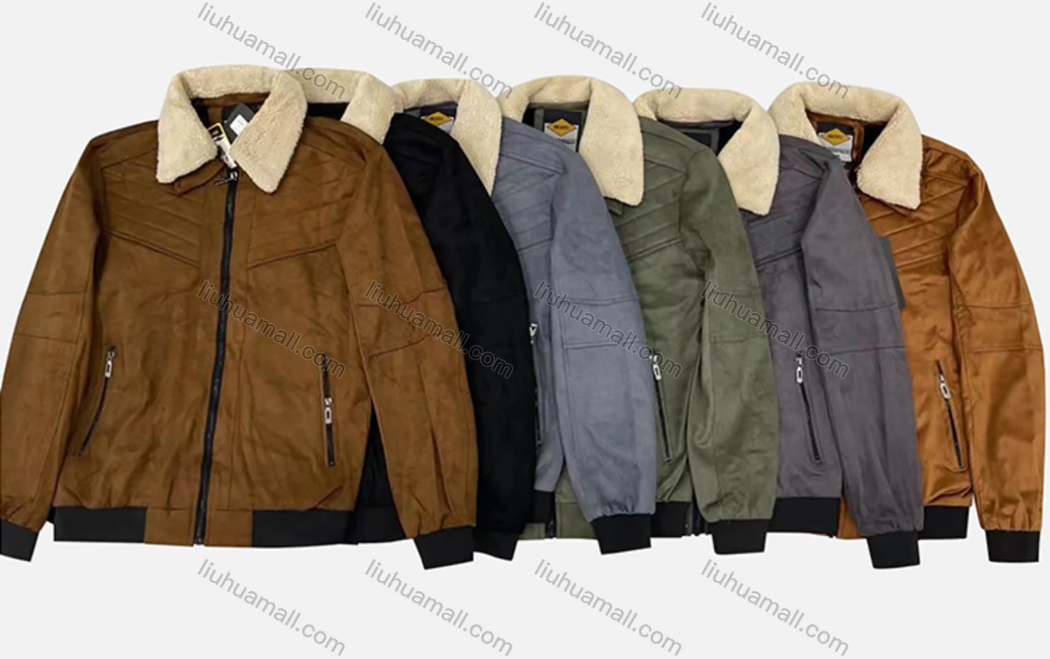 Wholesale Men's Suede Long Sleeve Detachable Fuzzy Collar Bomber Jackets 2994# - Liuhuamall