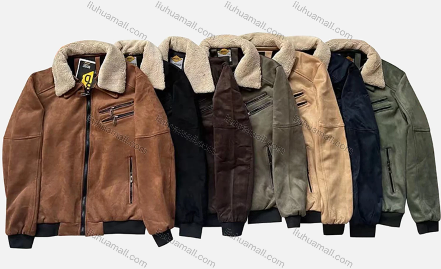 Wholesale Men's Suede Long Sleeve Detachable Fuzzy Collar Bomber Jackets 2996# - Liuhuamall