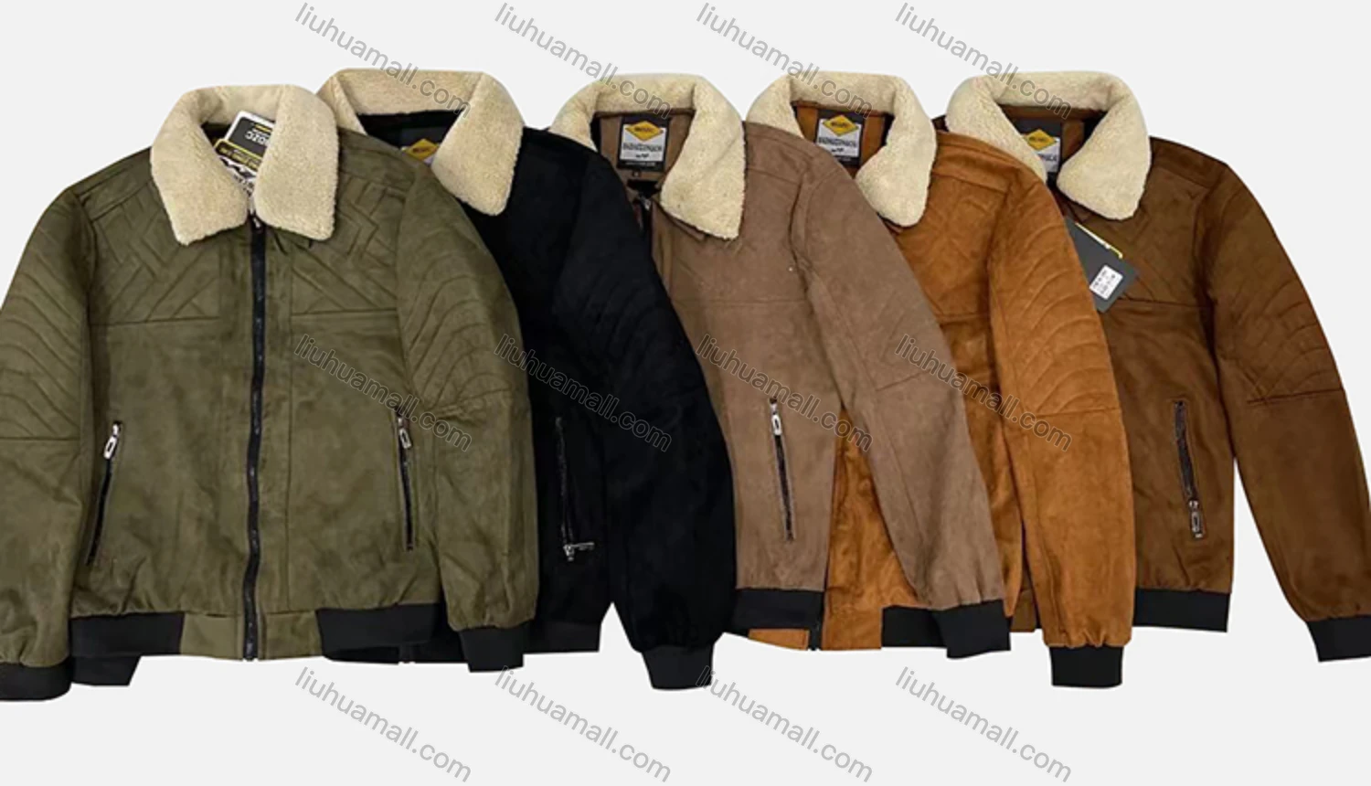Wholesale Men's Suede Long Sleeve Detachable Fuzzy Collar Bomber Jackets 2997# - Liuhuamall