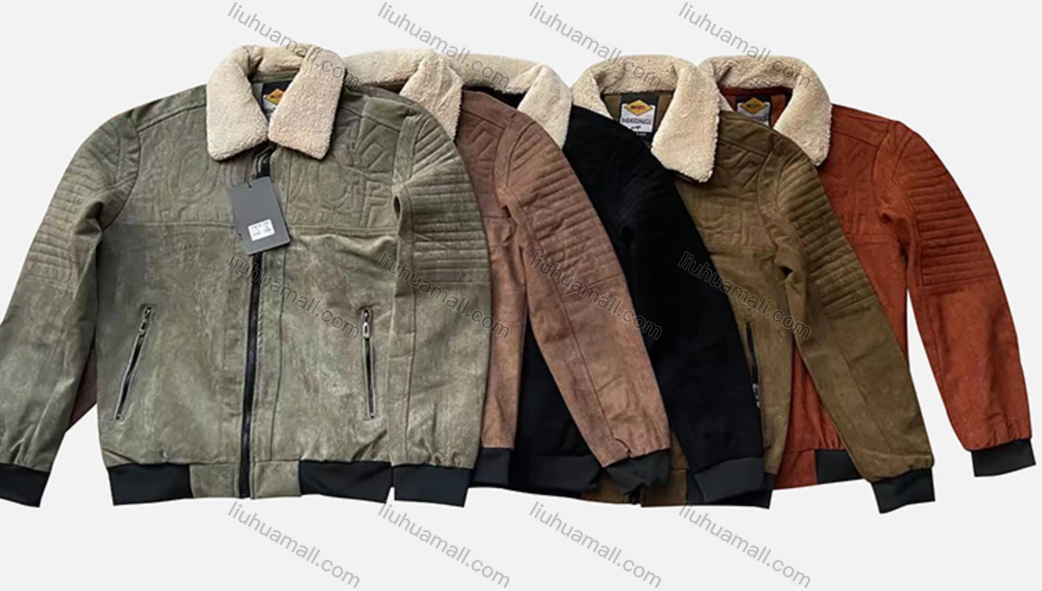 Wholesale Men's Suede Long Sleeve Detachable Fuzzy Collar Bomber Jackets 2998# - Liuhuamall