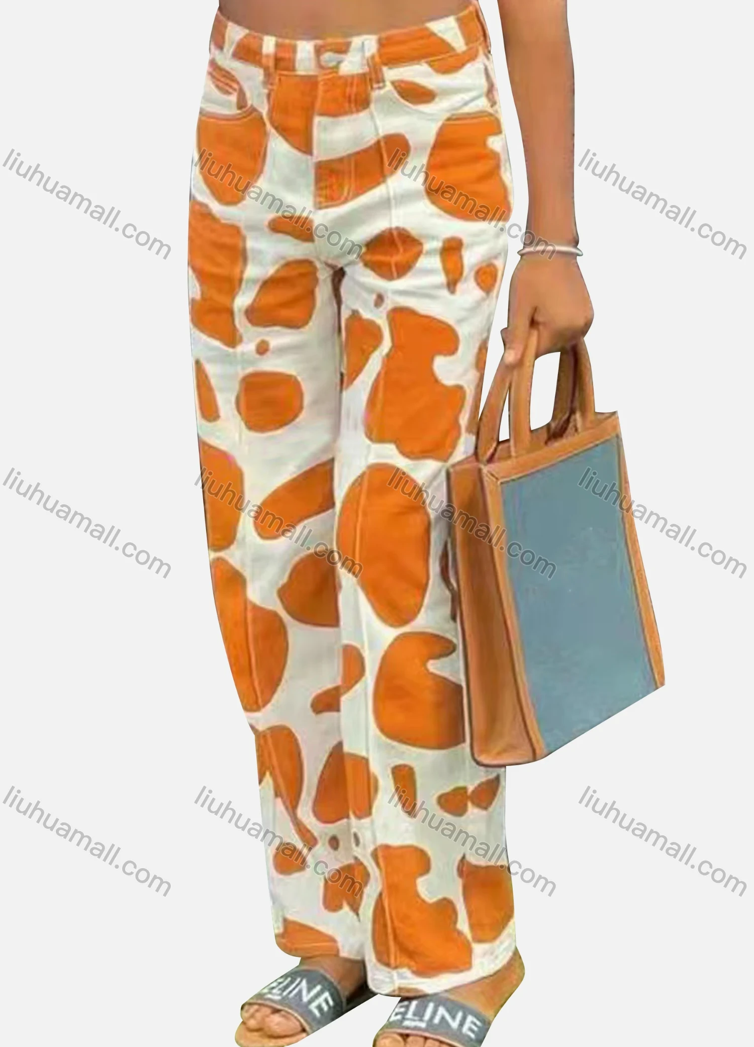 Wholesale Women's Casual Cow Print Button Closure Dual Pockets Straight Leg Pant - Liuhuamall