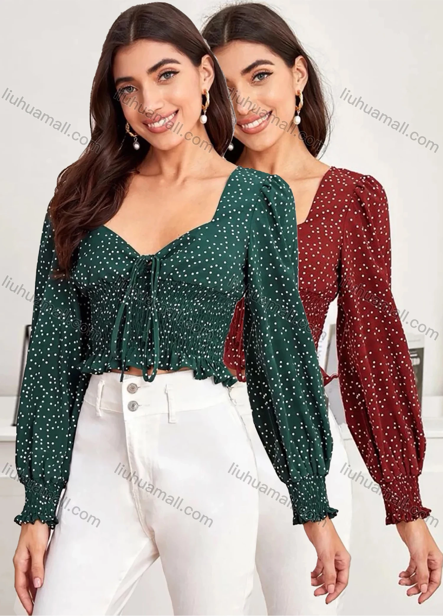 Wholesale Woman's Casual Square Neck Long Sleeve Tie Front Polka Dot Ruffle Hem Crop Top - Liuhuamall