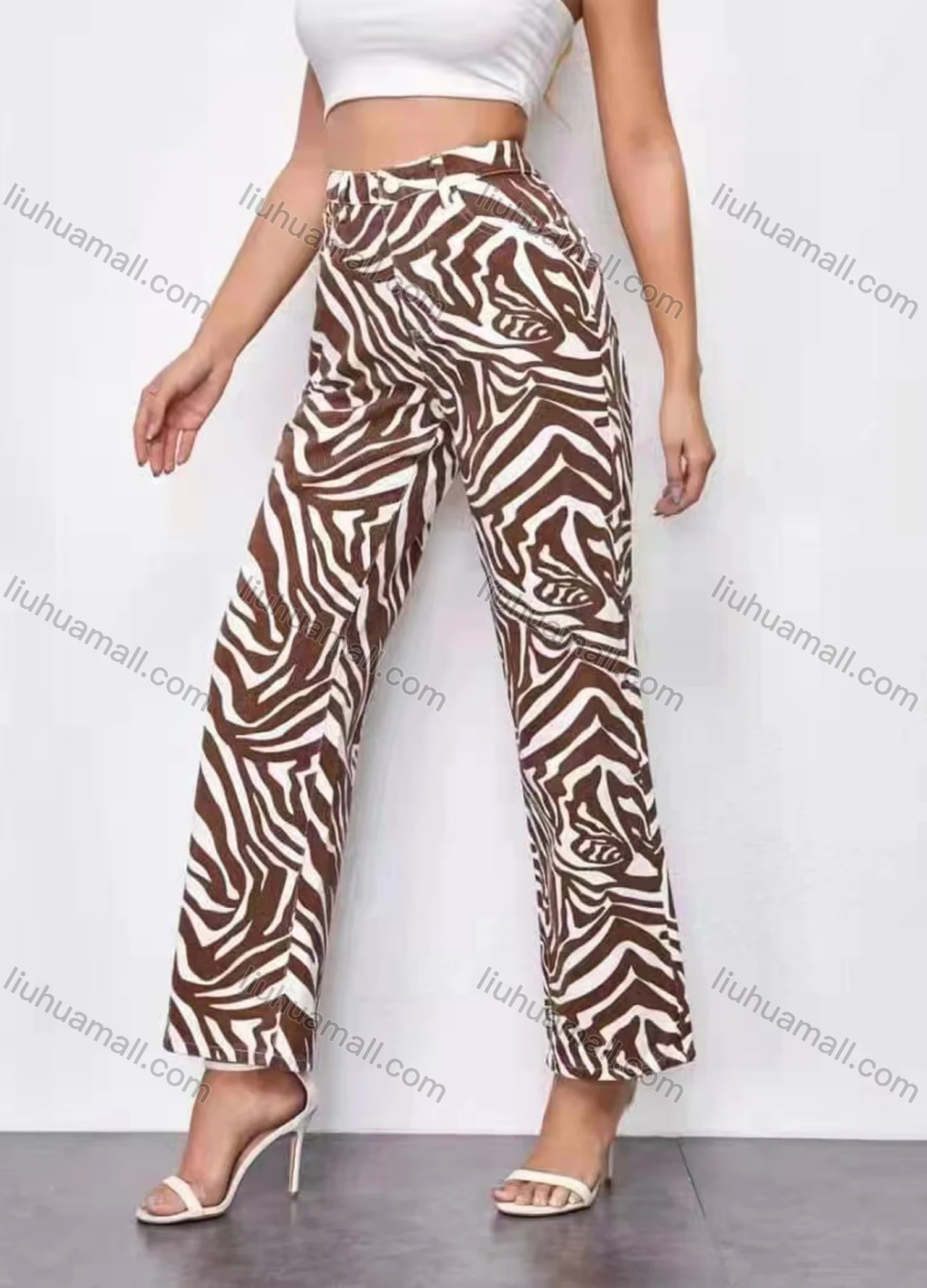 Wholesale Women's Casual Zebra Stripe Button Closure Dual Pockets Straight Leg Pant - Liuhuamall