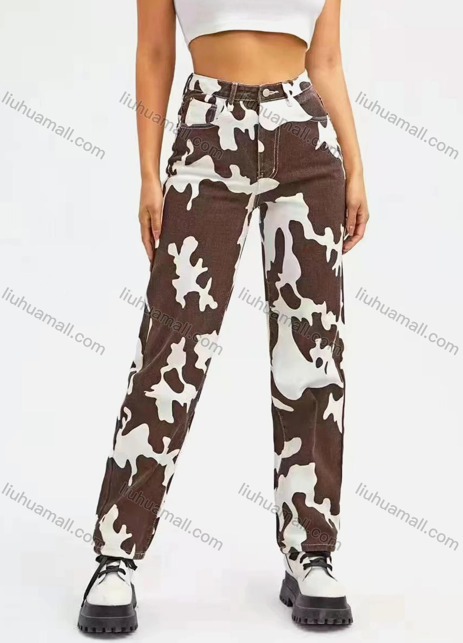 Wholesale Women's Cow Print Button Closure Dual Pockets Straight Leg Pant - Liuhuamall