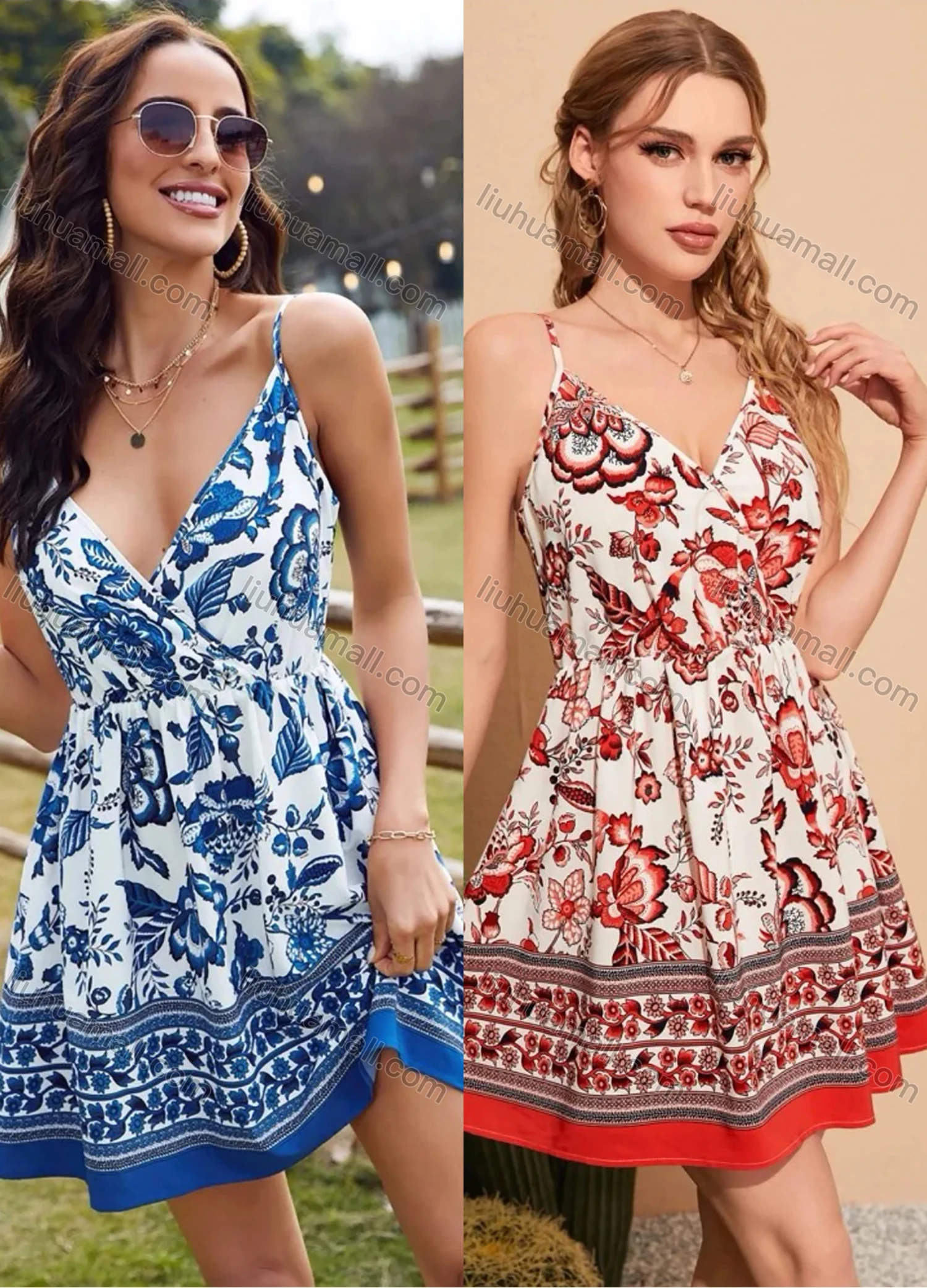 Wholesale Woman's Vintage V Neck Floral Print Cami Dresses - Liuhuamall