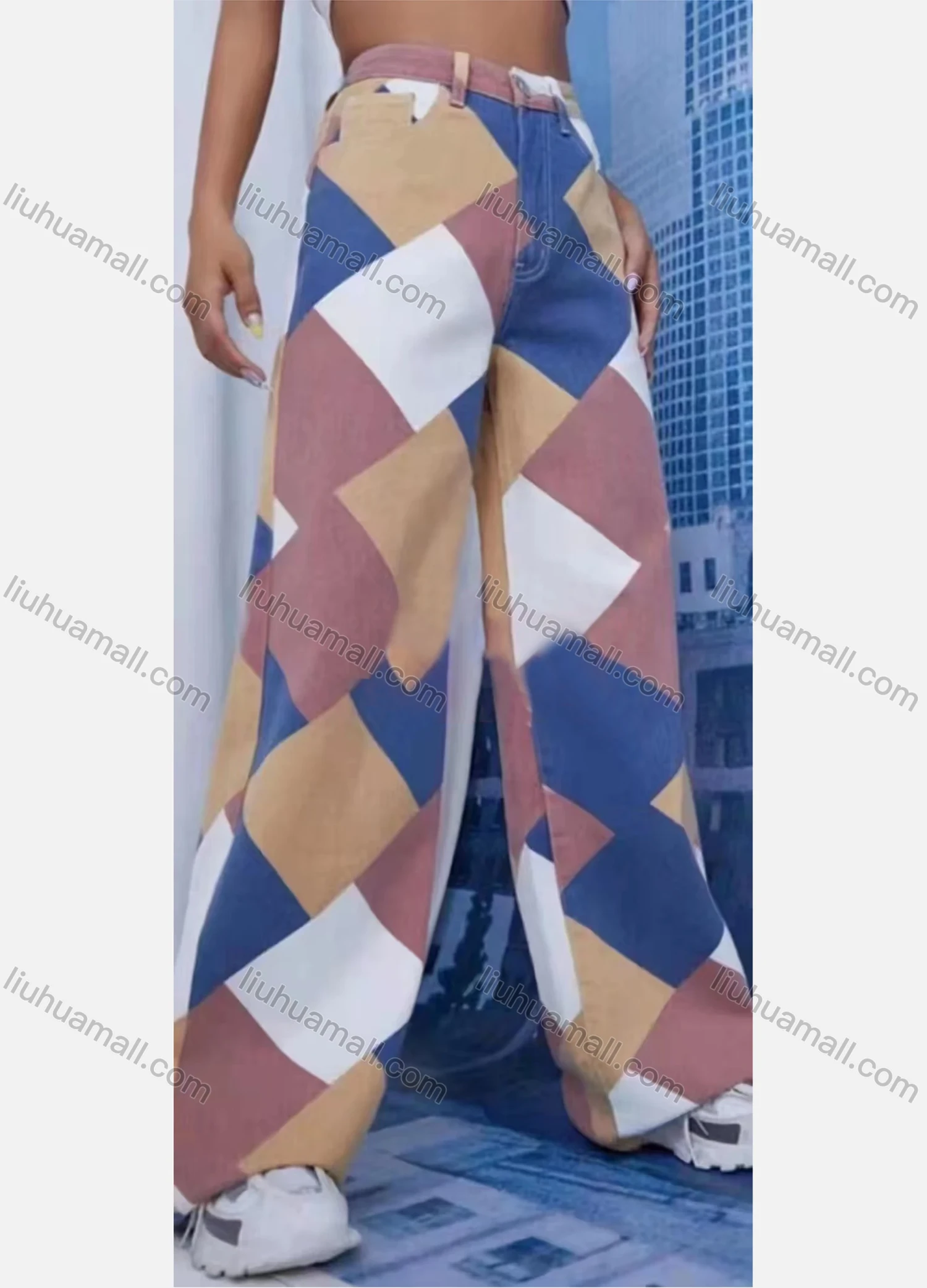 Wholesale Women's Casual Colorblock Button Closure Dual Pockets Wide Leg Pant - Liuhuamall