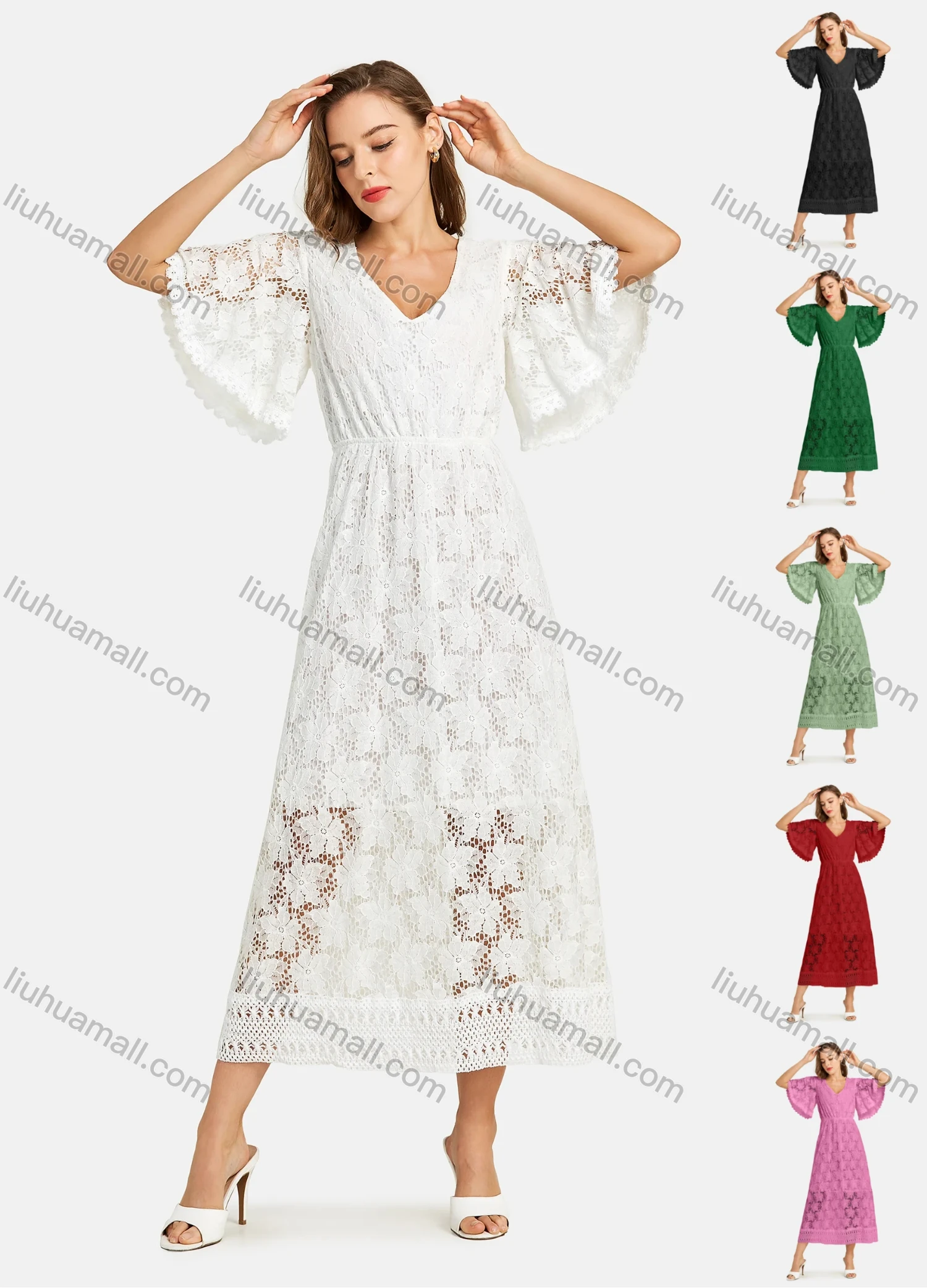 Wholesale Woman's Fashion Plain V Neck Butterfly Sleeve Guipure Lace Open Back Plain Maxi Dress - Liuhuamall