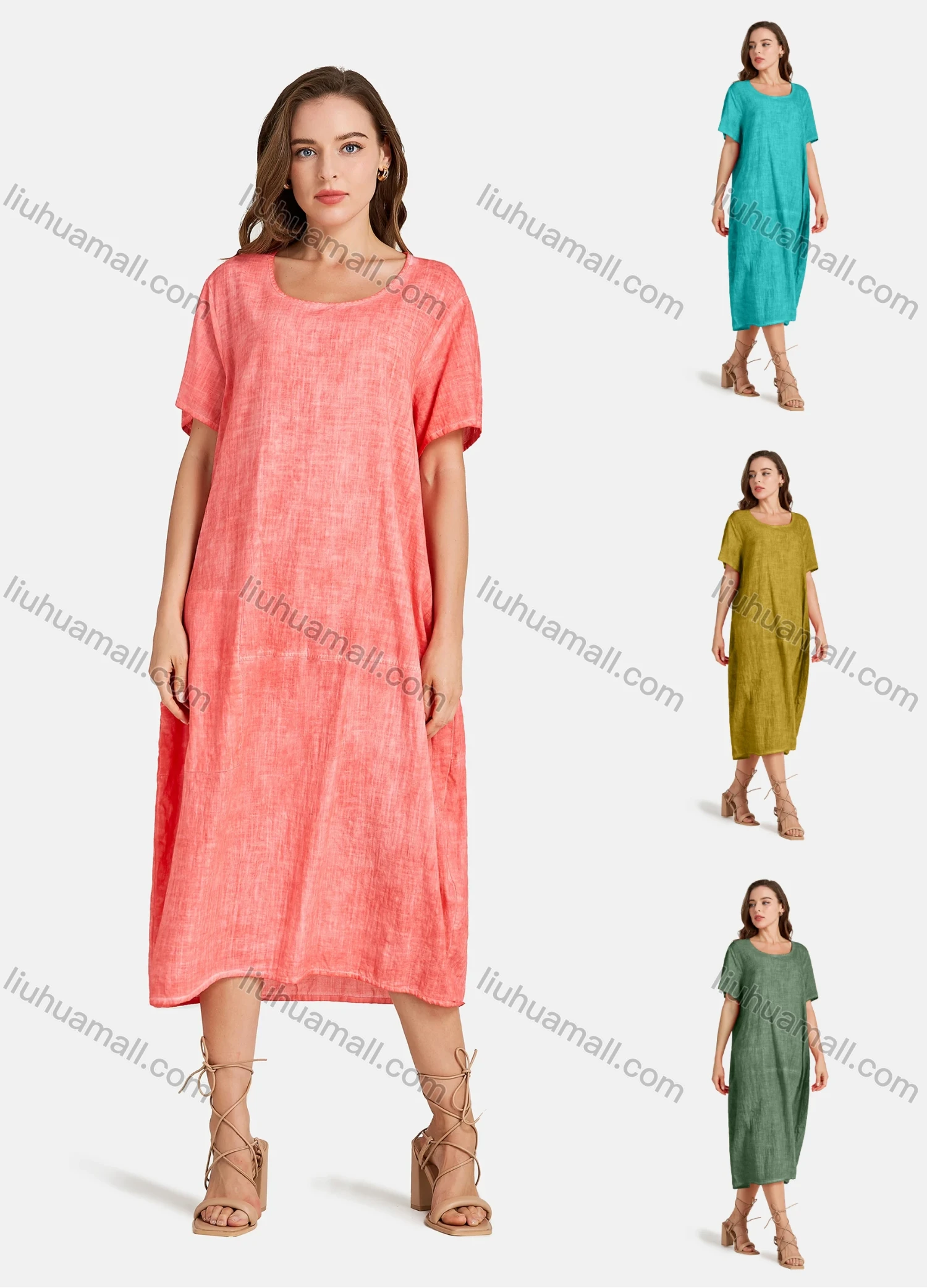 Wholesale Woman's Casual Round Neck Short Sleeve Plain Midi Tee Dress - Liuhuamall