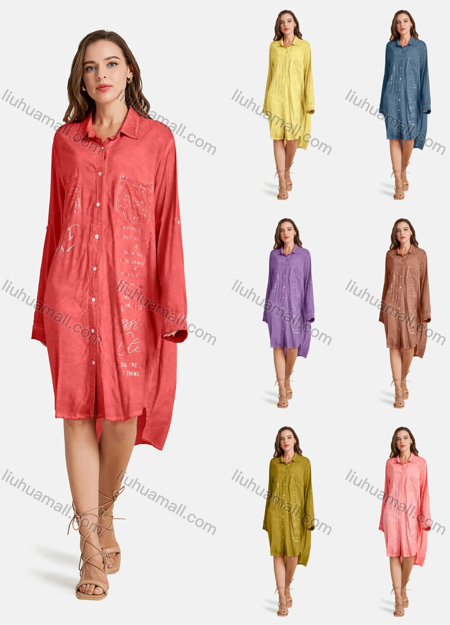 Wholesale Woman's Casual Long Sleeve Shirt Collar Bronzed Print Fake Pockets Button Front Tunic - Liuhuamall