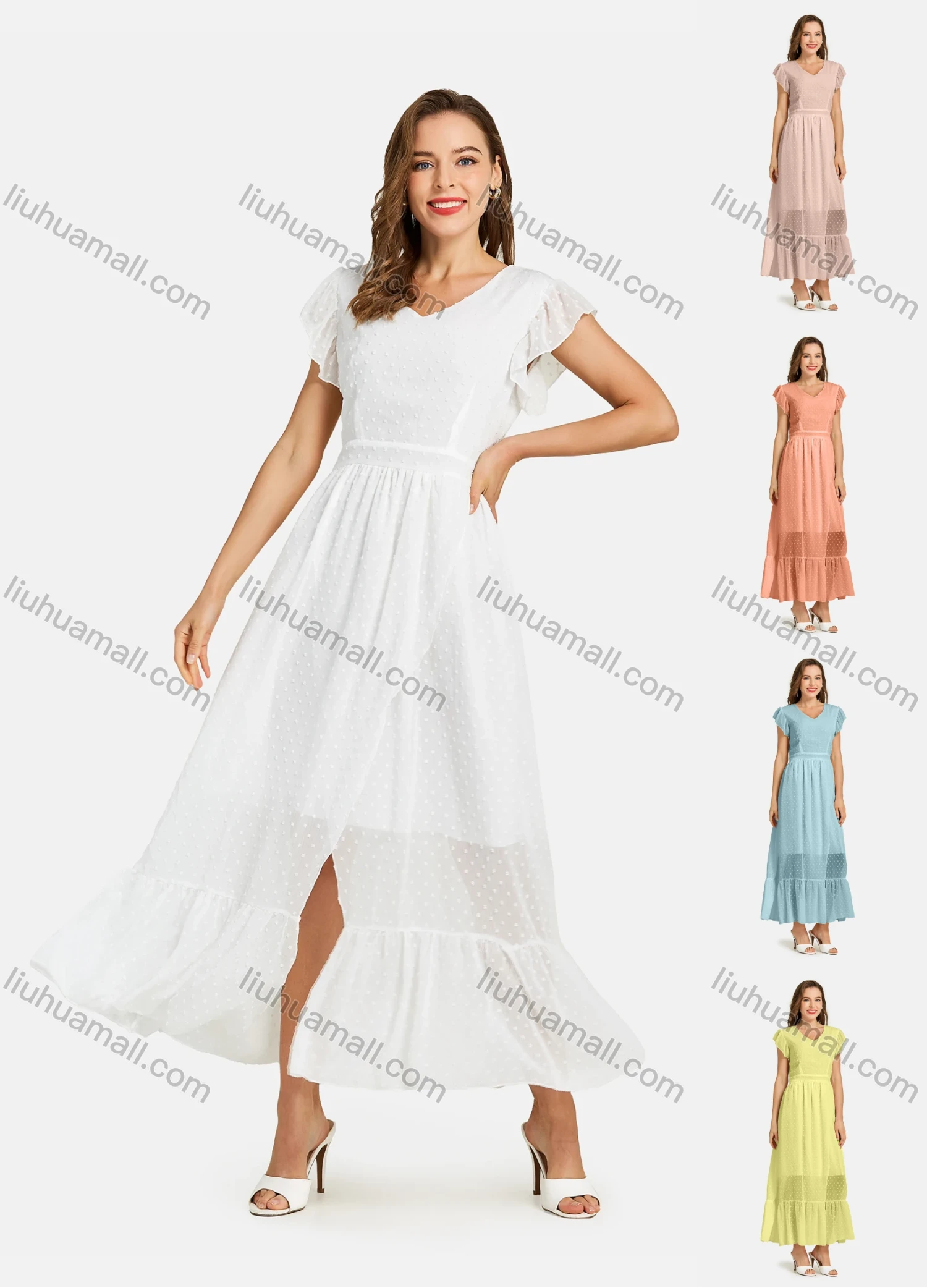 Wholesale Woman's Casual Plain V Neck Batwing Sleeve Front Slit Tiered Swiss Dot Plain Peplum Maxi Dress - Liuhuamall