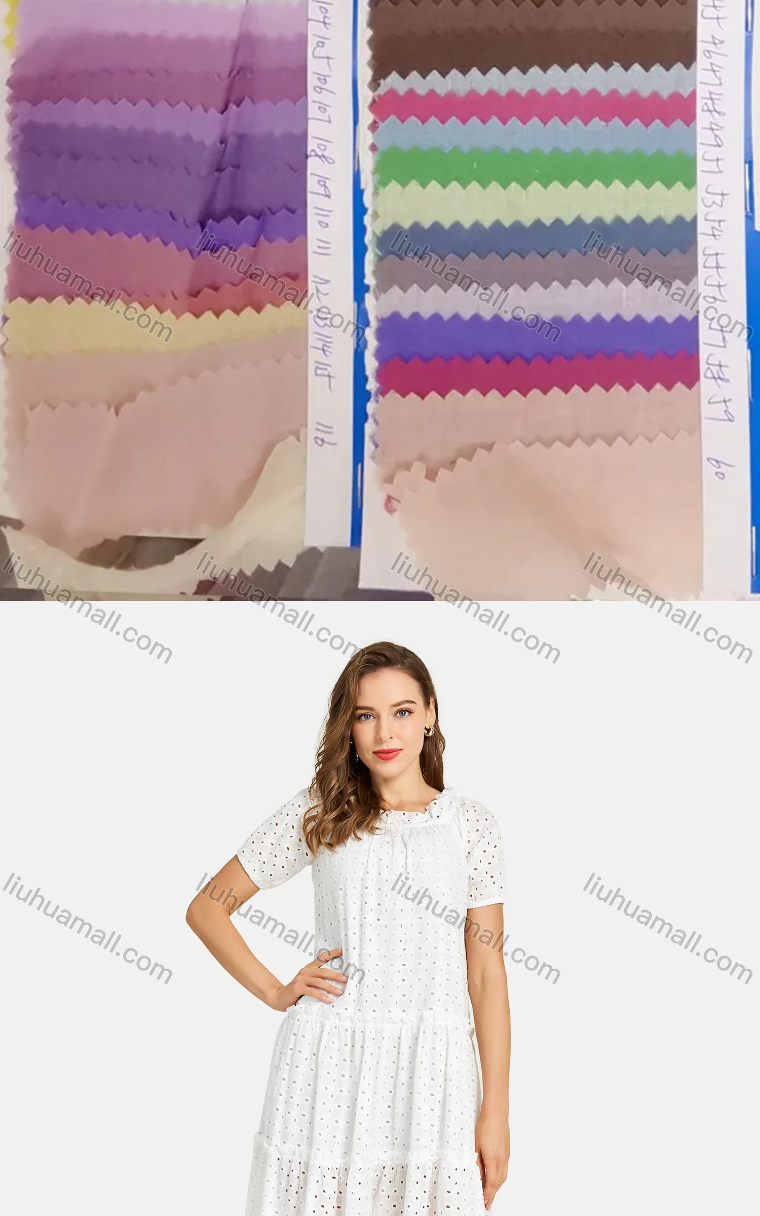 Wholesale Woman's Casual Frill Neck Short Sleeve Eyelet Embroidered Plain Short Dress - Liuhuamall