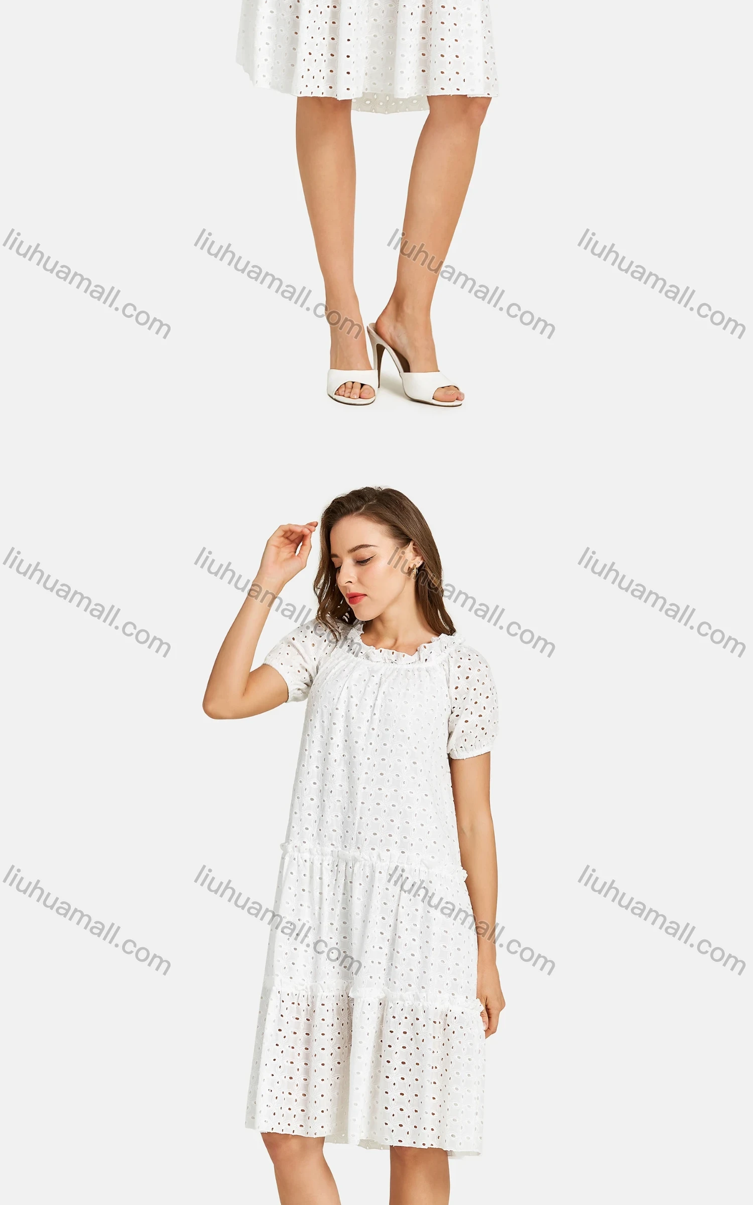 Wholesale Woman's Casual Frill Neck Short Sleeve Eyelet Embroidered Plain Short Dress - Liuhuamall