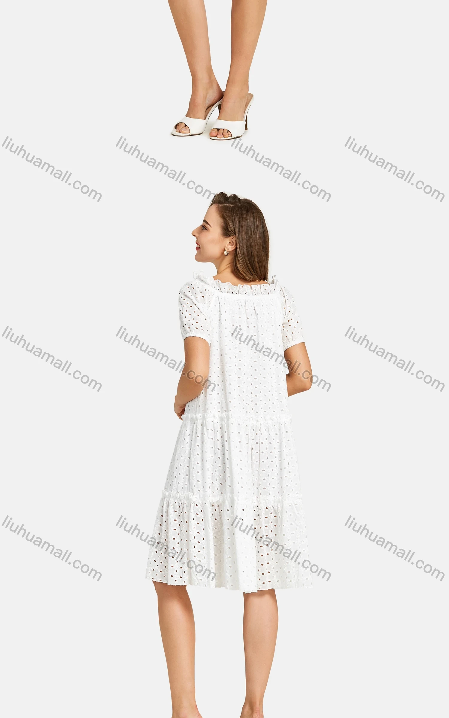 Wholesale Woman's Casual Frill Neck Short Sleeve Eyelet Embroidered Plain Short Dress - Liuhuamall