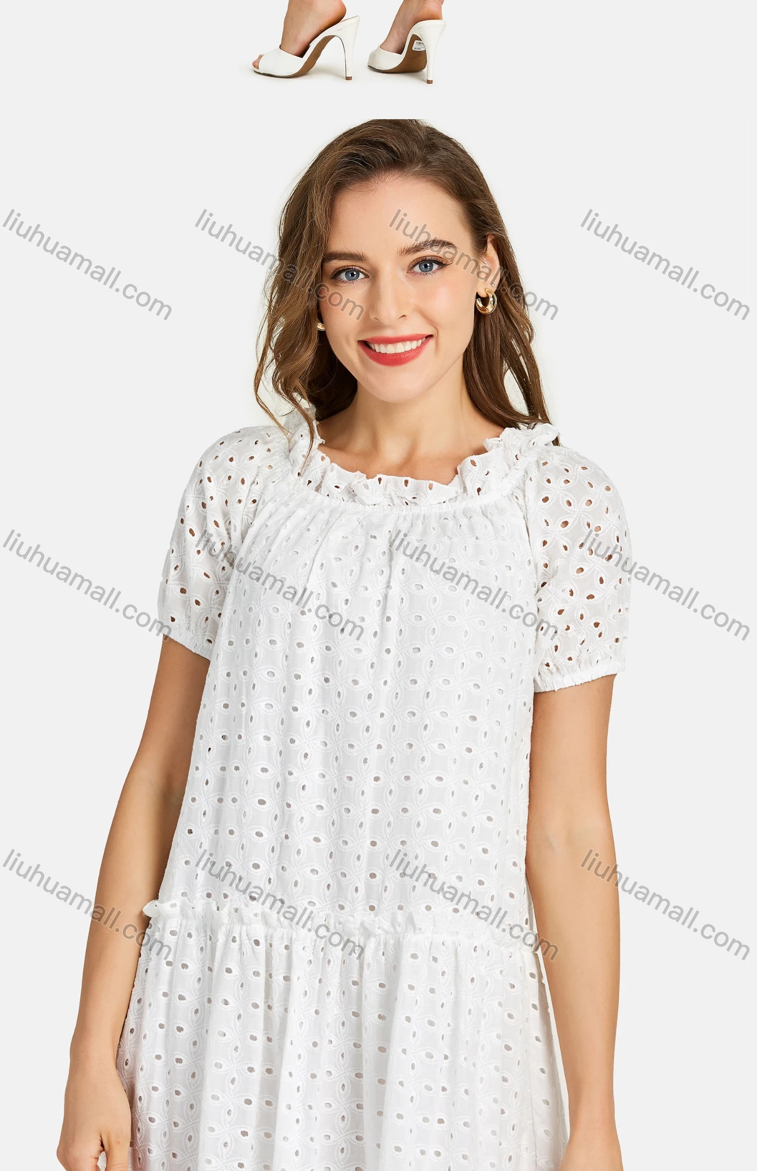 Wholesale Woman's Casual Frill Neck Short Sleeve Eyelet Embroidered Plain Short Dress - Liuhuamall