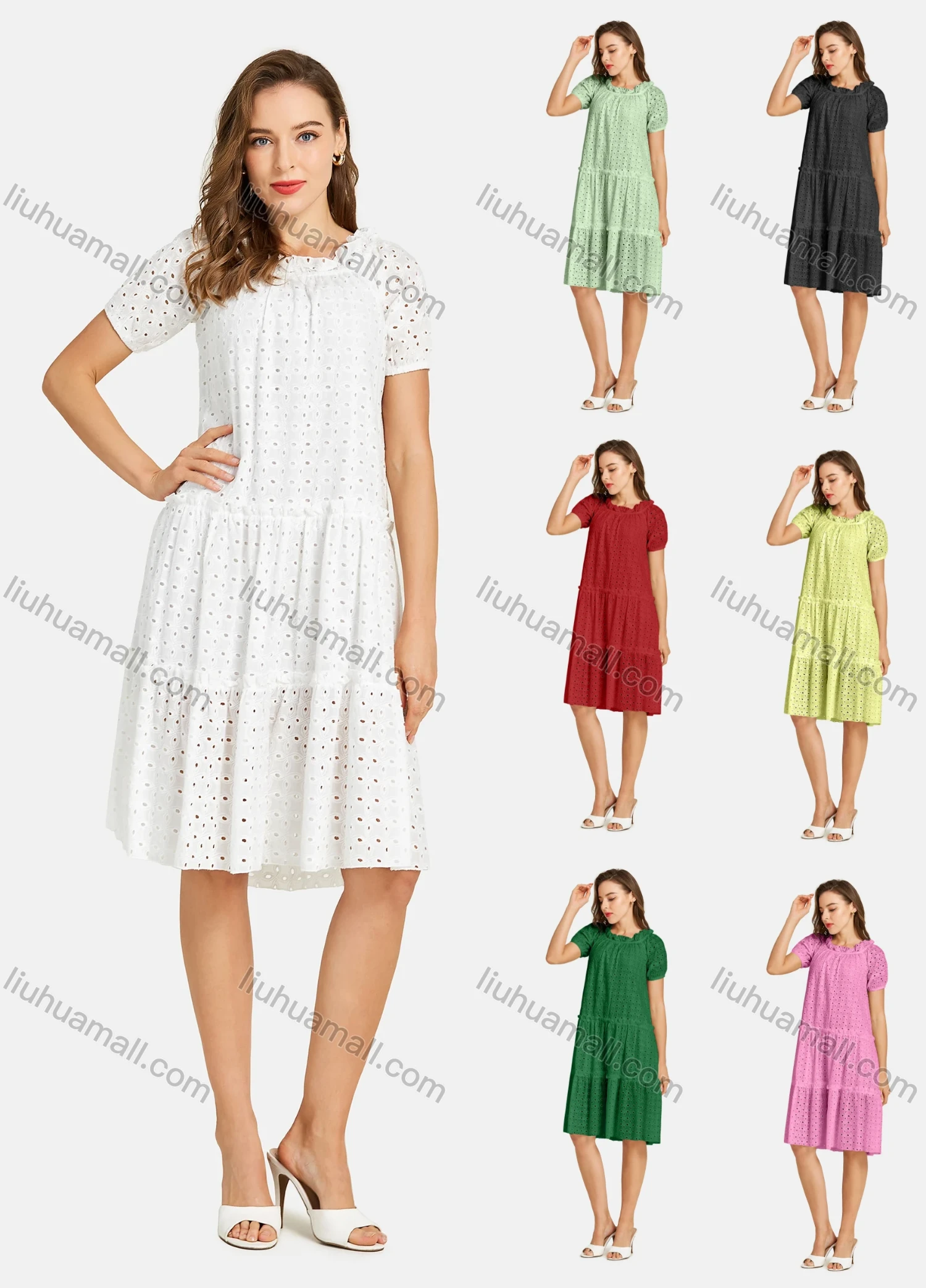 Wholesale Woman's Casual Frill Neck Short Sleeve Eyelet Embroidered Plain Short Dress - Liuhuamall