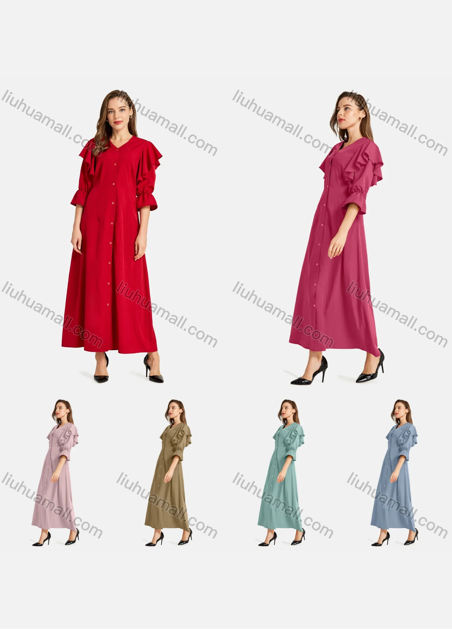 Wholesale Women's Casual Elegant V Neck Flounce Poet Sleeve Buttons Down Ruffle Trim Plain Maxi Dress - Liuhuamall