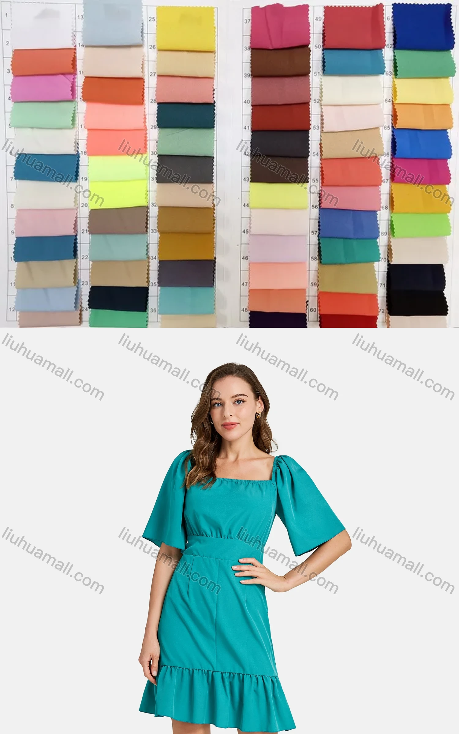 Wholesale Woman's Casual Square Neck Short Sleeve High Waist Ruffle Hem Short Plain Dress - Liuhuamall