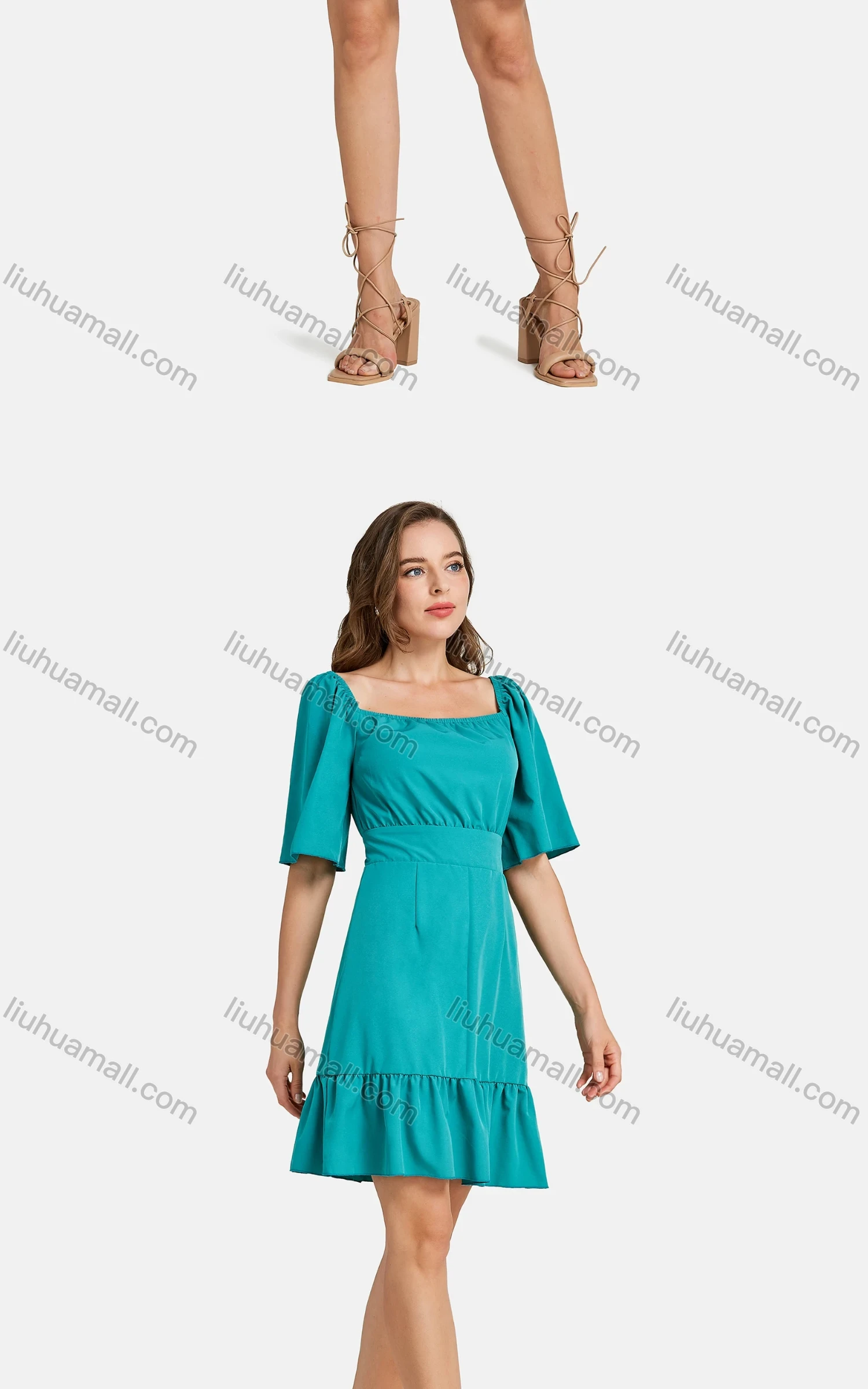 Wholesale Woman's Casual Square Neck Short Sleeve High Waist Ruffle Hem Short Plain Dress - Liuhuamall