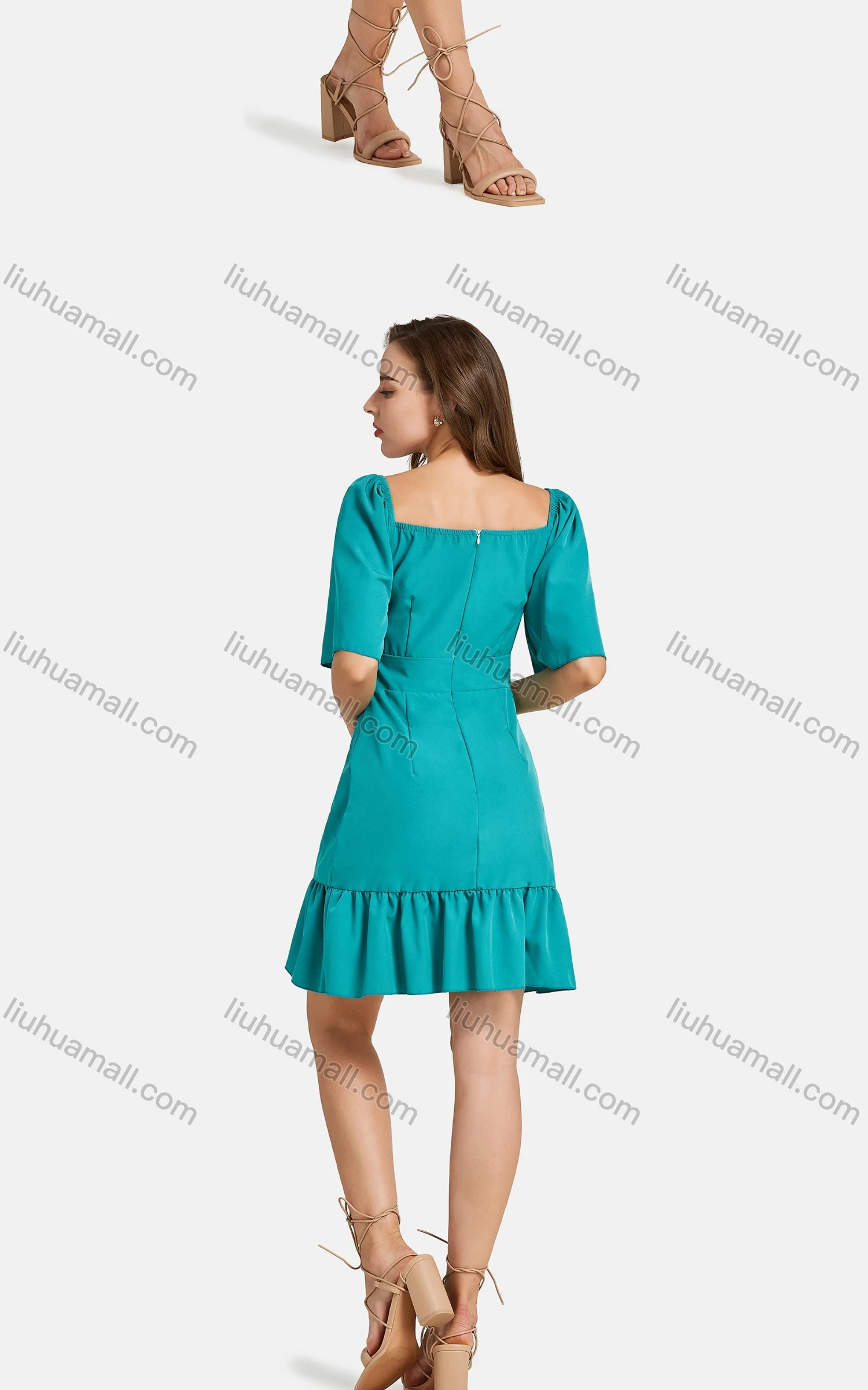 Wholesale Woman's Casual Square Neck Short Sleeve High Waist Ruffle Hem Short Plain Dress - Liuhuamall