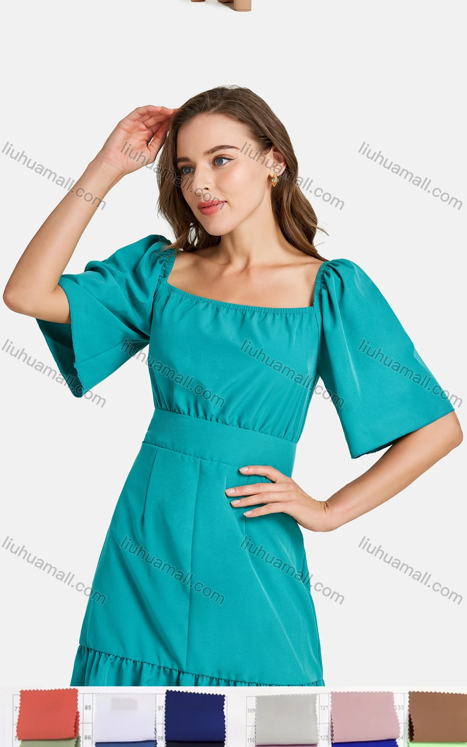 Wholesale Woman's Casual Square Neck Short Sleeve High Waist Ruffle Hem Short Plain Dress - Liuhuamall