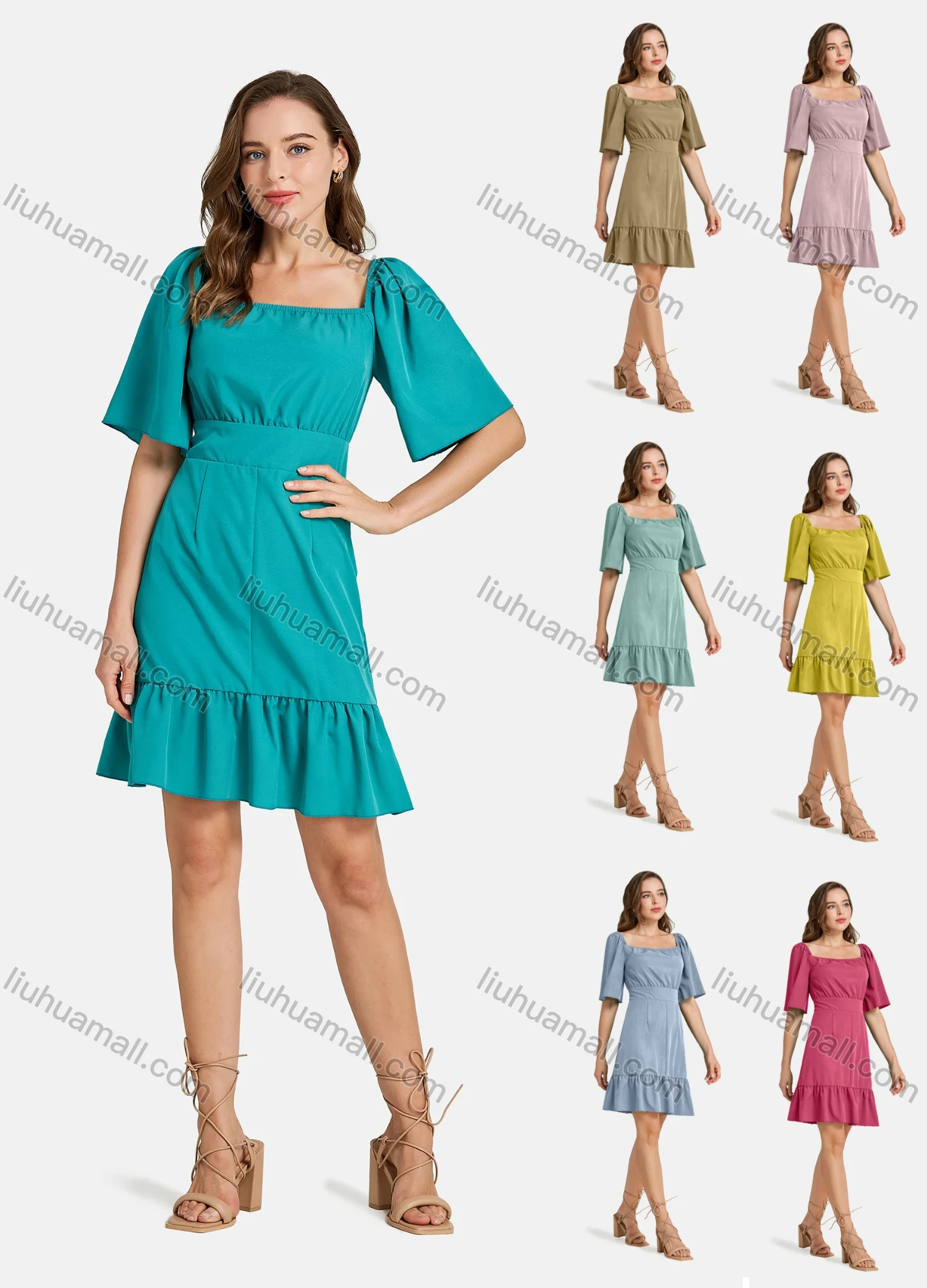 Wholesale Woman's Casual Square Neck Short Sleeve High Waist Ruffle Hem Short Plain Dress - Liuhuamall