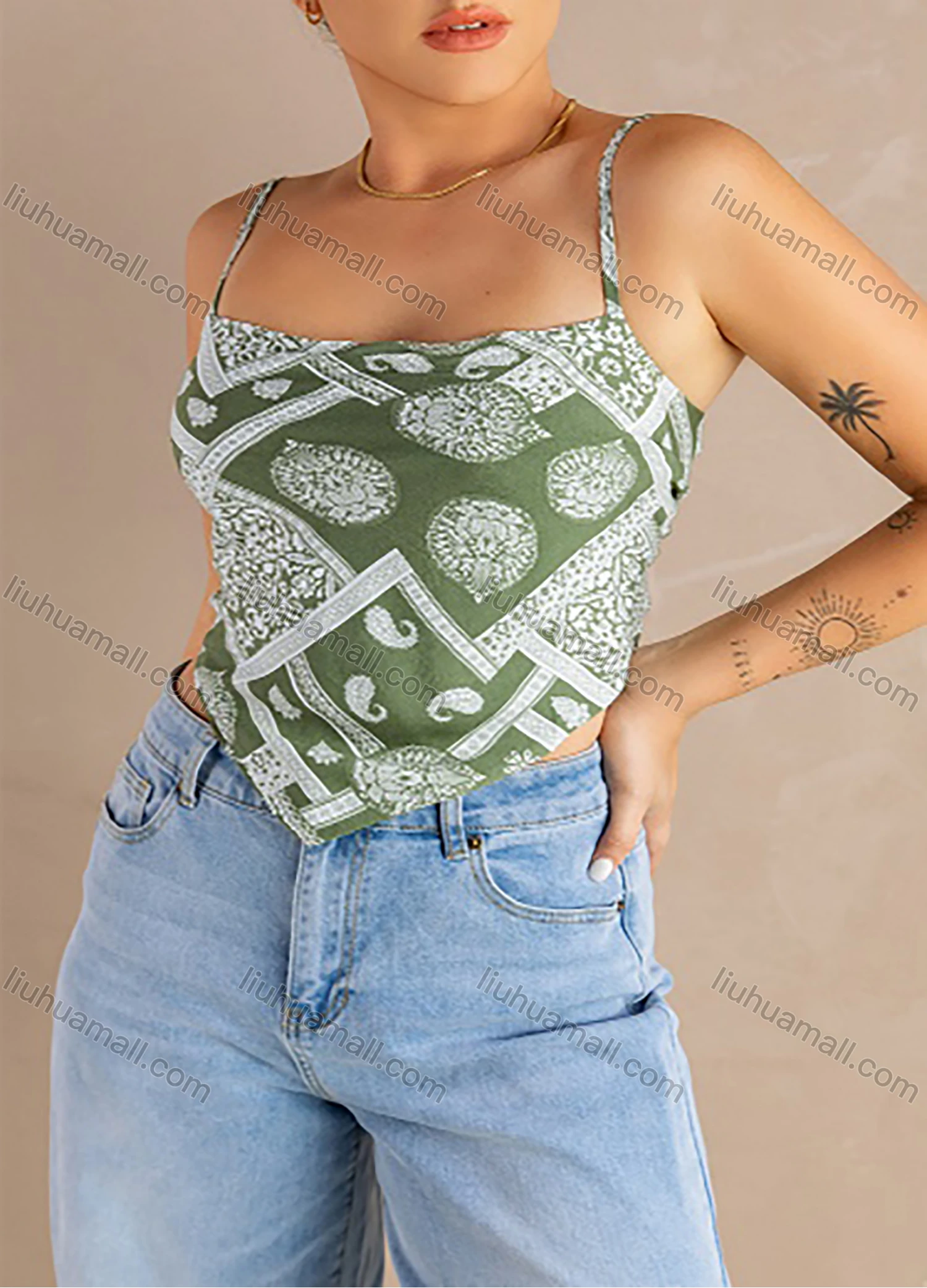 Wholesale Women's Vintage Spaghetti Strap Bandana Hem Crop Cami Tops - Liuhuamall