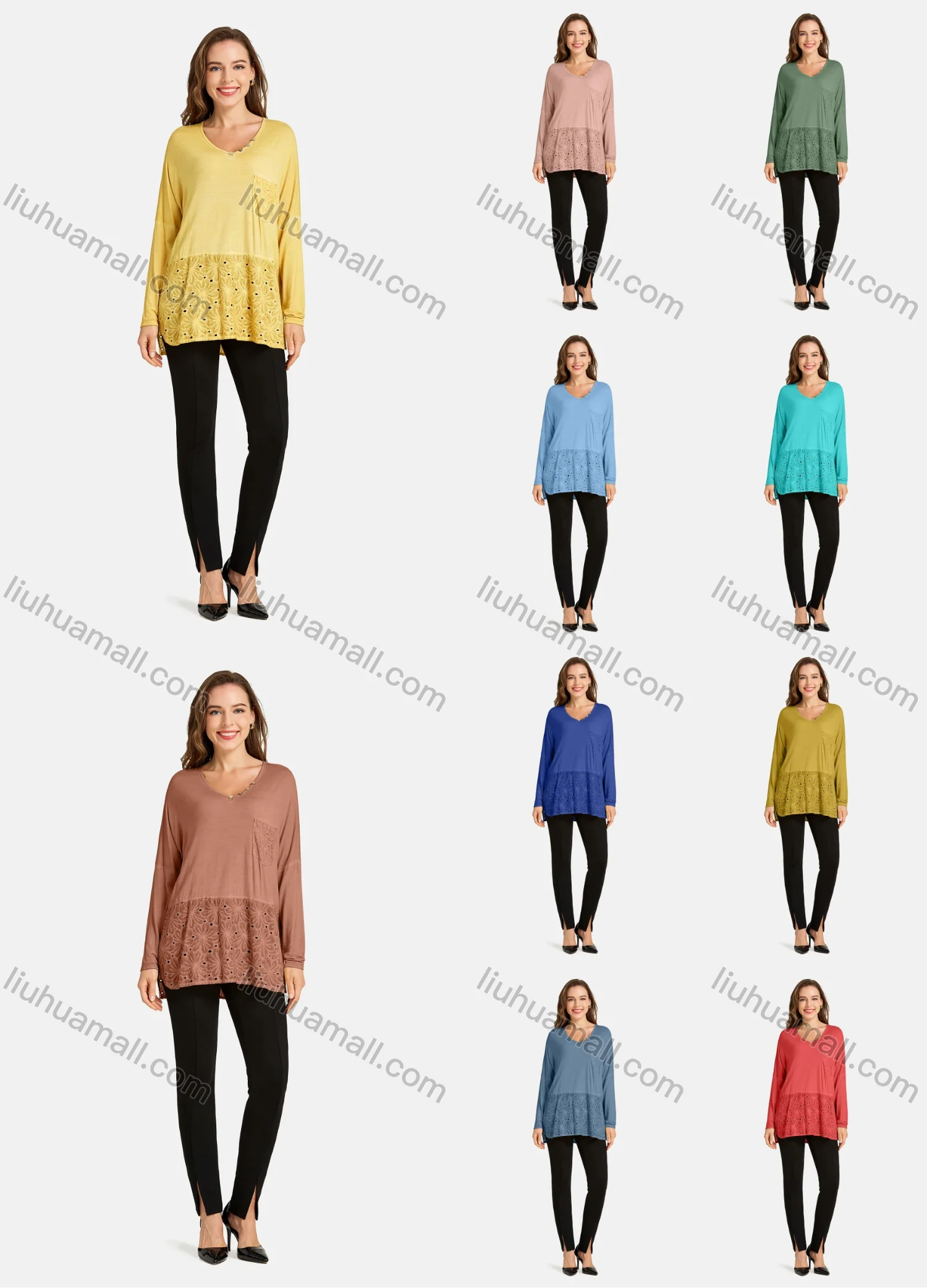 Wholesale Woman's Casual Round Neck Button Decro Fake Pocket Floral Eyelet Embroidered Plain Tunic - Liuhuamall
