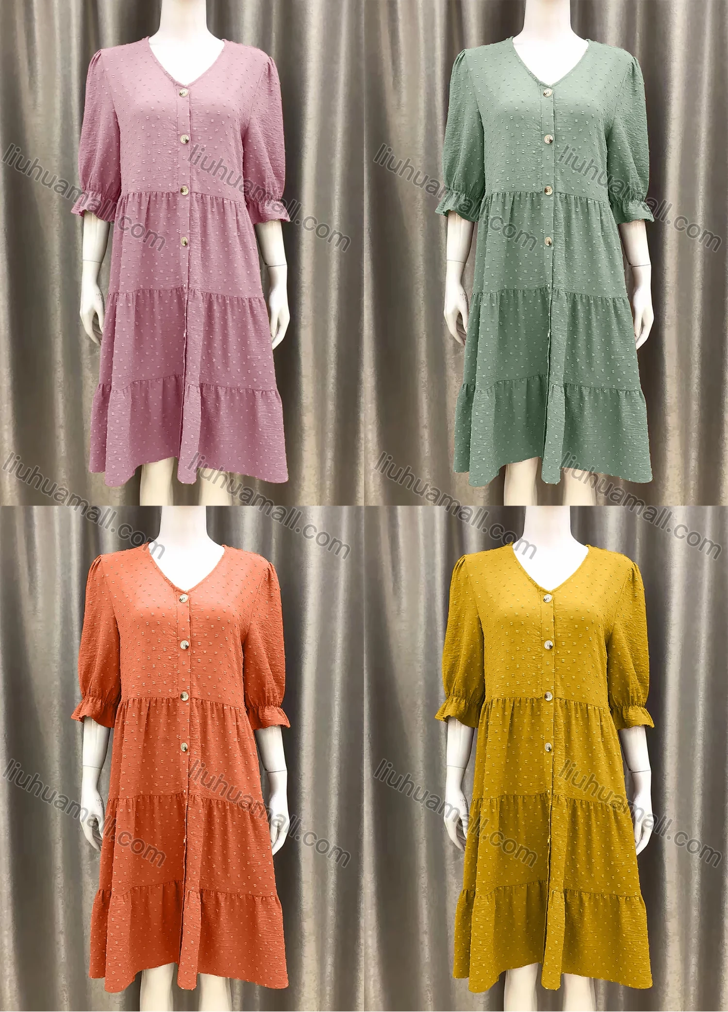 Wholesale Women's V Neck Button Front Swiss Dot Plain A-Line Dress - Liuhuamall