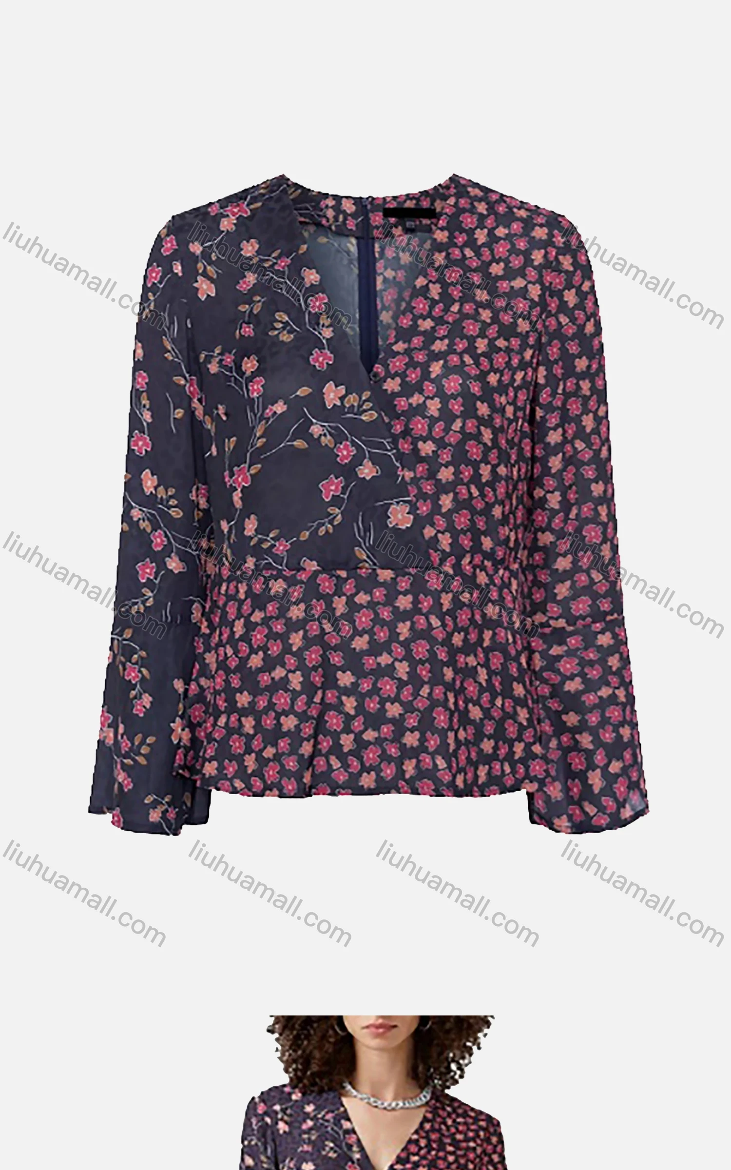 Wholesale Women's Vintage Wrap V Neck Floral Print Splicing Peplum Top - Liuhuamall
