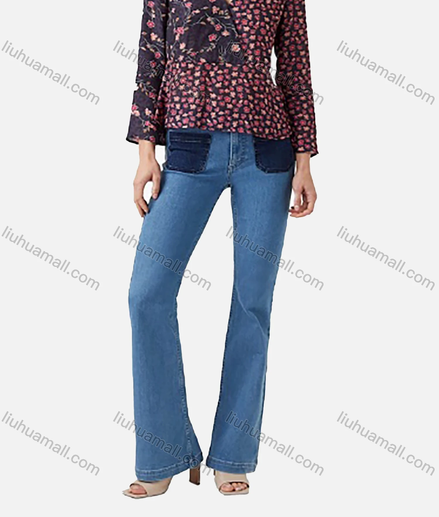 Wholesale Women's Vintage Wrap V Neck Floral Print Splicing Peplum Top - Liuhuamall